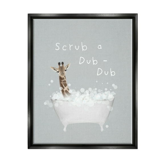 Stupell Industries Scrub-a-Dub Giraffe Tub Animals & Insects Painting Black Floater Framed Canvas Art Print Wall Art, 17 x 21