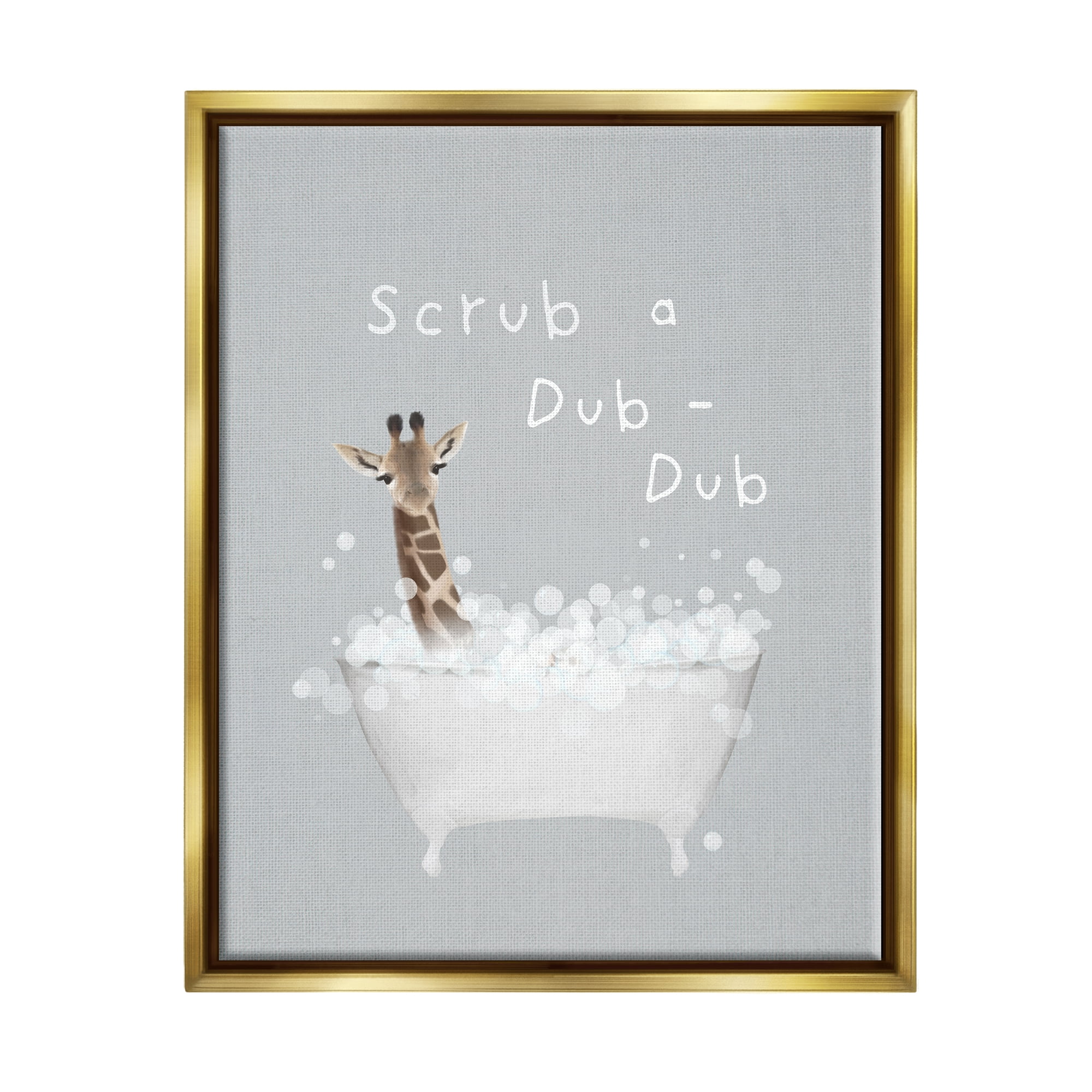 Stupell Industries Scrub-a-Dub Giraffe Tub Animals & Insects Painting Gold Floater Framed Canvas Art Print Wall Art, 17 x 21