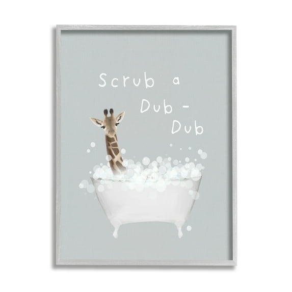Stupell Industries Scrub-a-Dub Giraffe Tub Animals & Insects Painting Gray Framed Art Print Wall Art, 24 x 30