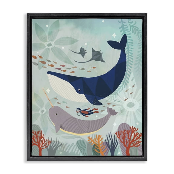 Stupell Industries Scuba Diver Among Whales Nautical & Beach Painting Black Floater Framed Canvas Art Print Wall Art, 17 x 21