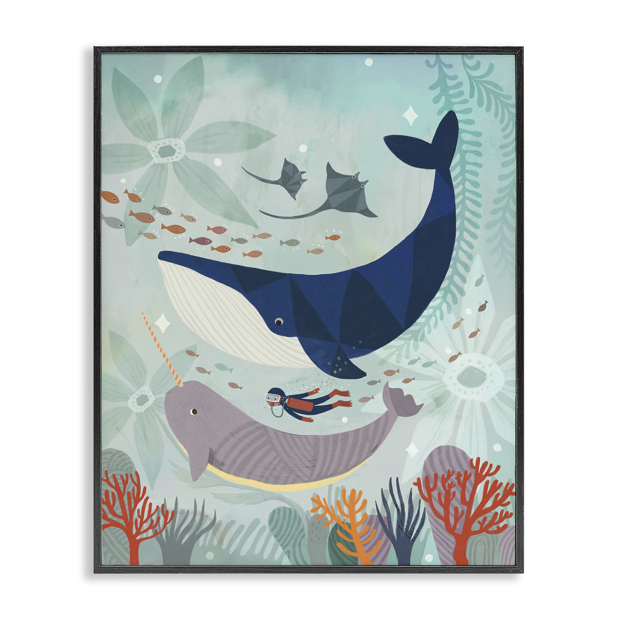Stupell Industries Scuba Diver Among Whales Nautical & Beach Painting Black Framed Art Print Wall Art, 16 x 20