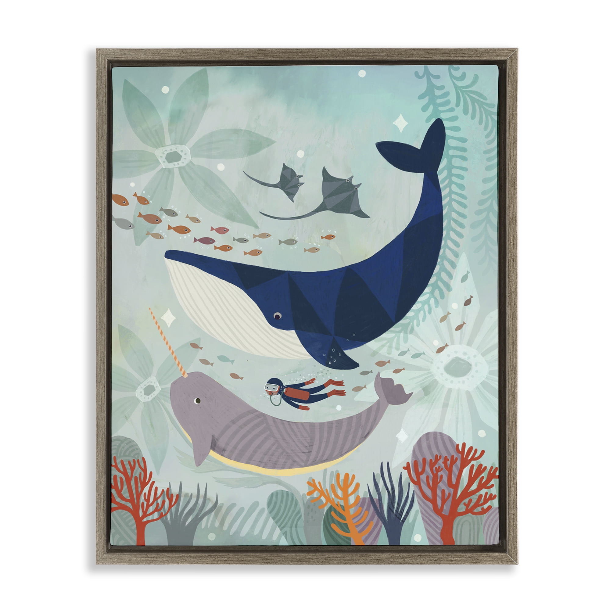 Stupell Industries Scuba Diver Among Whales Nautical & Beach Painting Brown Floater Framed Canvas Art Print Wall Art, 17 x 21