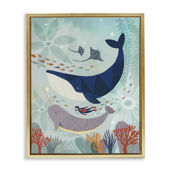 Stupell Industries Scuba Diver Among Whales Nautical & Beach Painting Gold Floater Framed Canvas Art Print Wall Art, 17 x 21