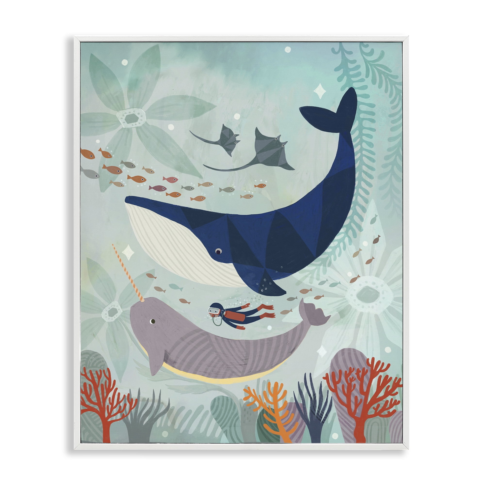 Stupell Industries Scuba Diver Among Whales Nautical & Beach Painting White Framed Art Print Wall Art, 24 x 30