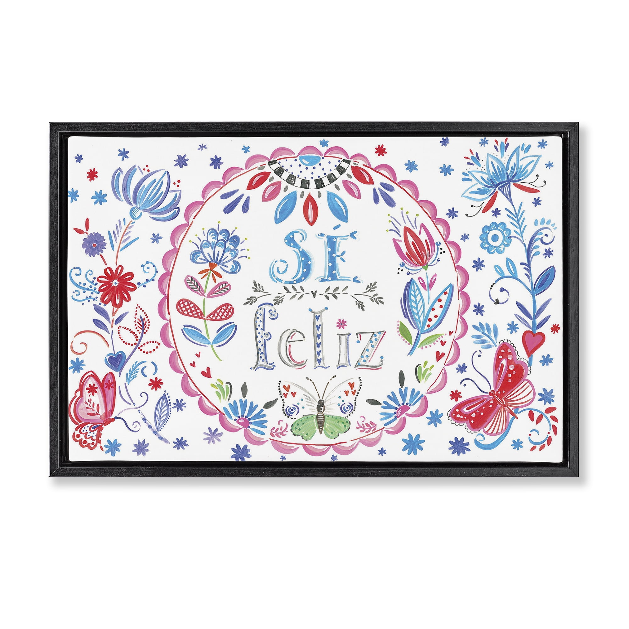 Stupell Industries Se Felices Mariposas Florales Inspirational Quotes & Sayings Drawing Black Floater Framed Art Print Wall Art, 25 x 17