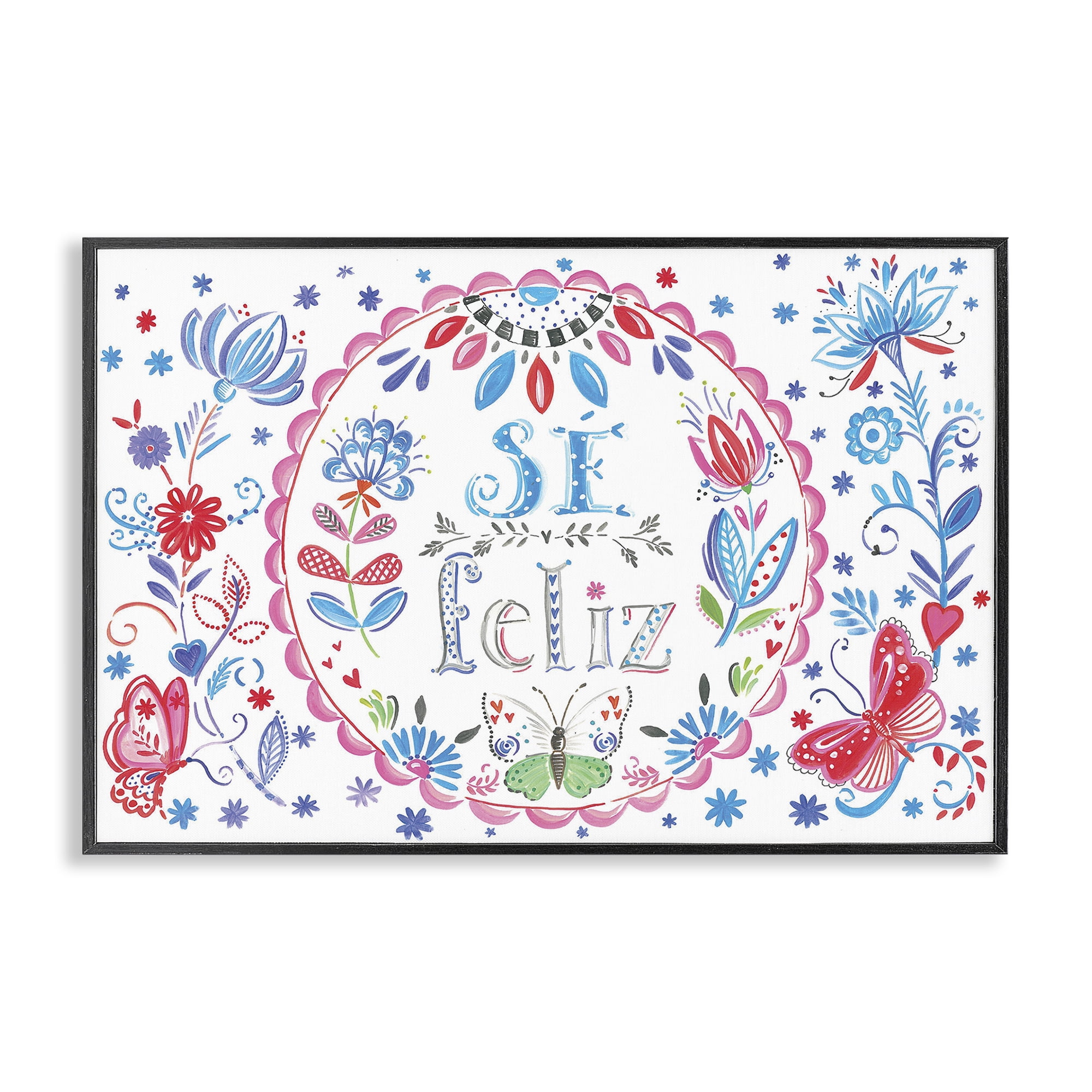 Stupell Industries Se Felices Mariposas Florales Inspirational Quotes & Sayings Drawing Black Framed Art Print Wall Art, 30 x 20