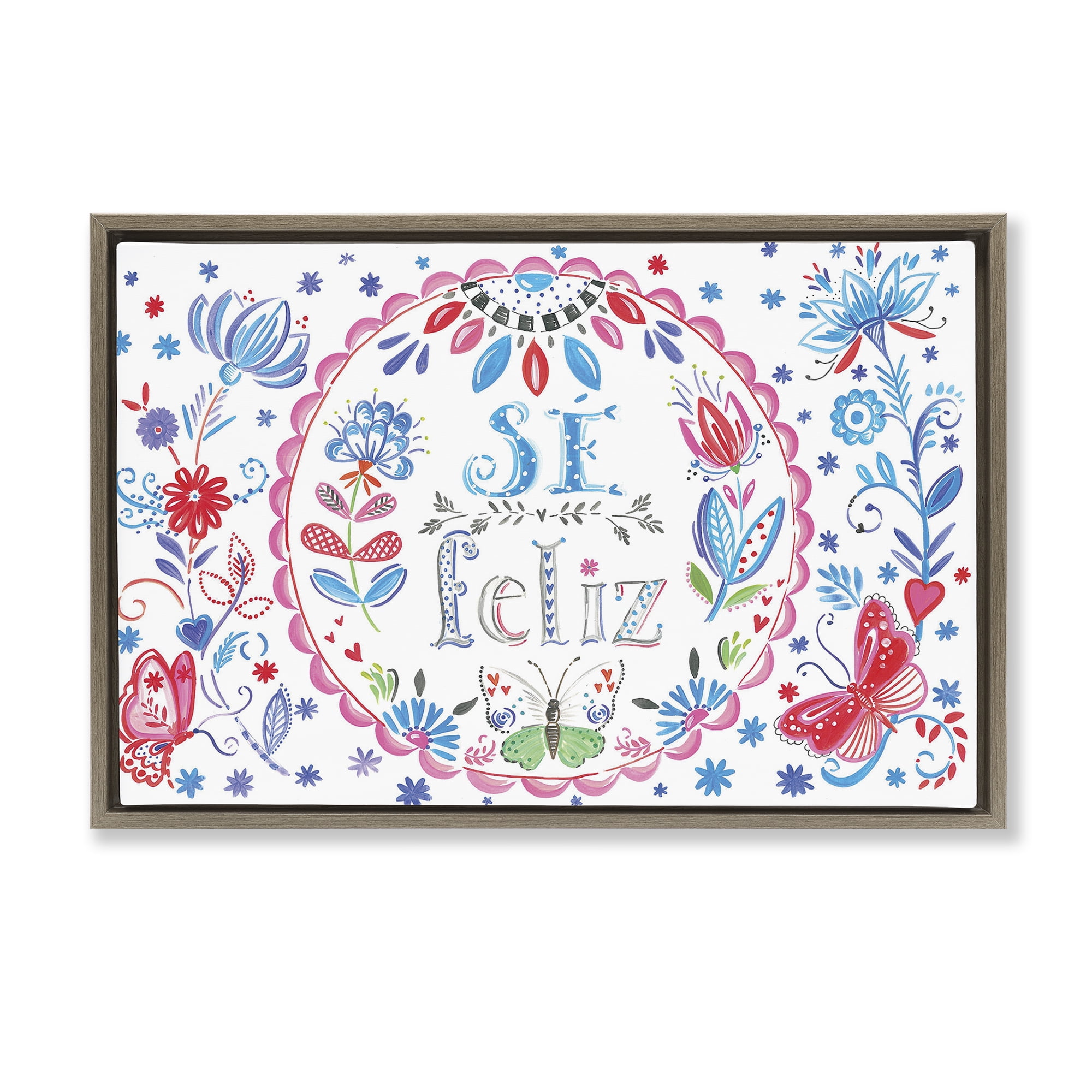 Stupell Industries Se Felices Mariposas Florales Inspirational Quotes & Sayings Drawing Brown Floater Framed Art Print Wall Art, 25 x 17