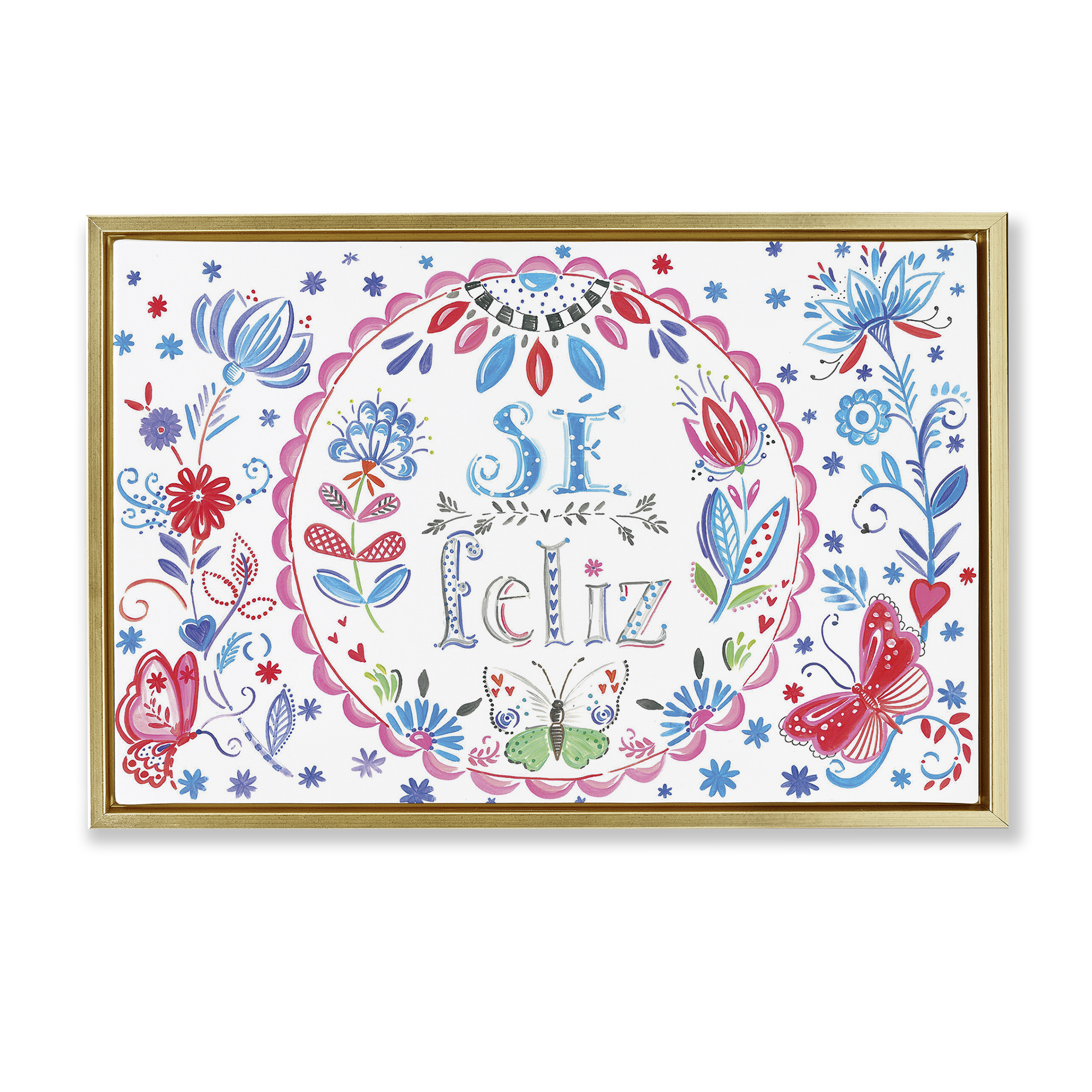 Stupell Industries Se Felices Mariposas Florales Inspirational Quotes & Sayings Drawing Gold Floater Framed Art Print Wall Art, 25 x 17