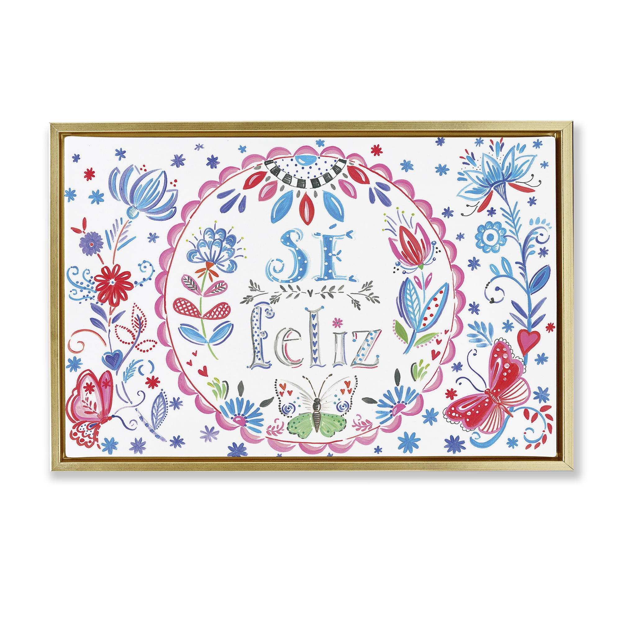 Stupell Industries Se Felices Mariposas Florales Inspirational Quotes & Sayings Drawing Gold Floater Framed Art Print Wall Art, 31 x 21