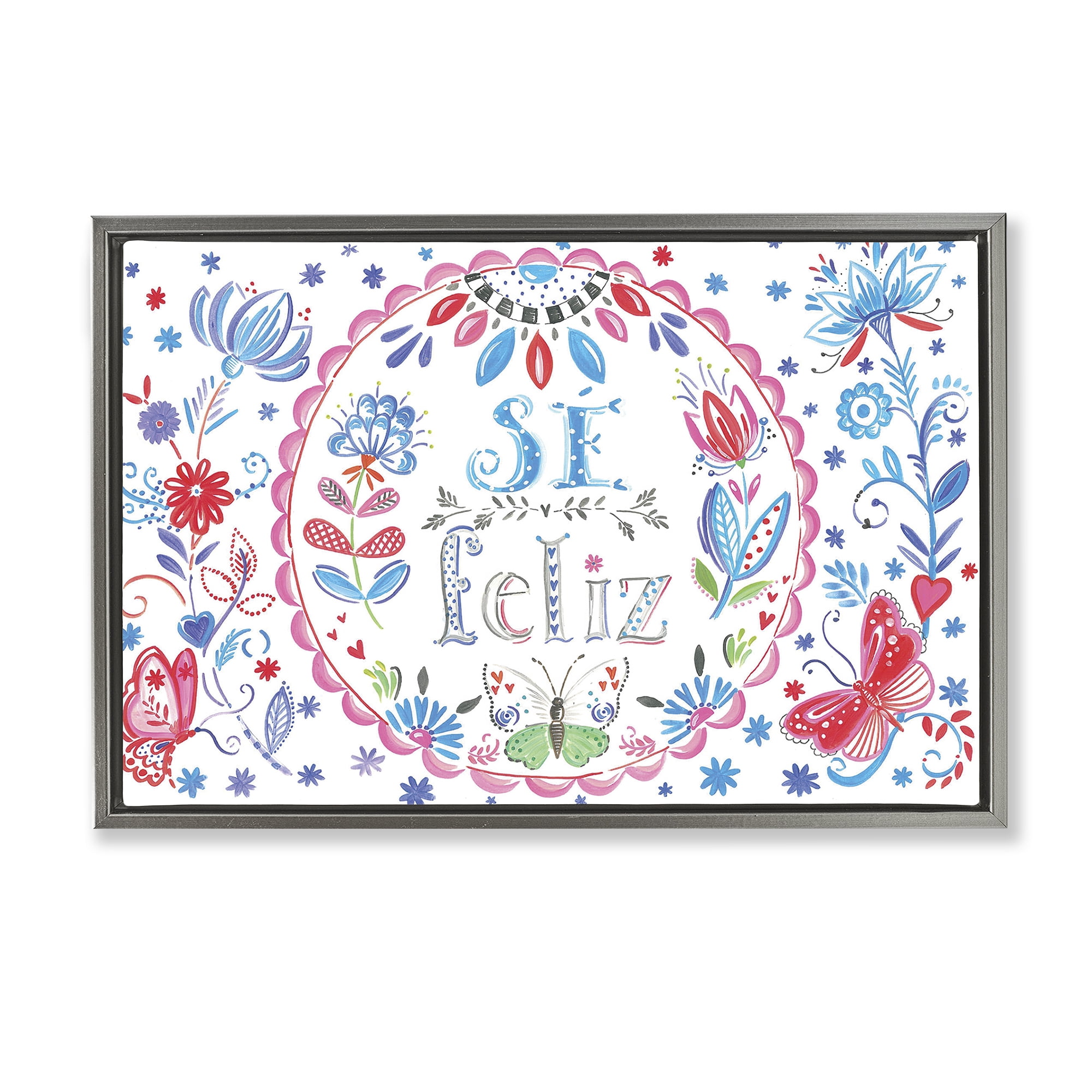 Stupell Industries Se Felices Mariposas Florales Inspirational Quotes & Sayings Drawing Gray Floater Framed Art Print Wall Art, 25 x 17