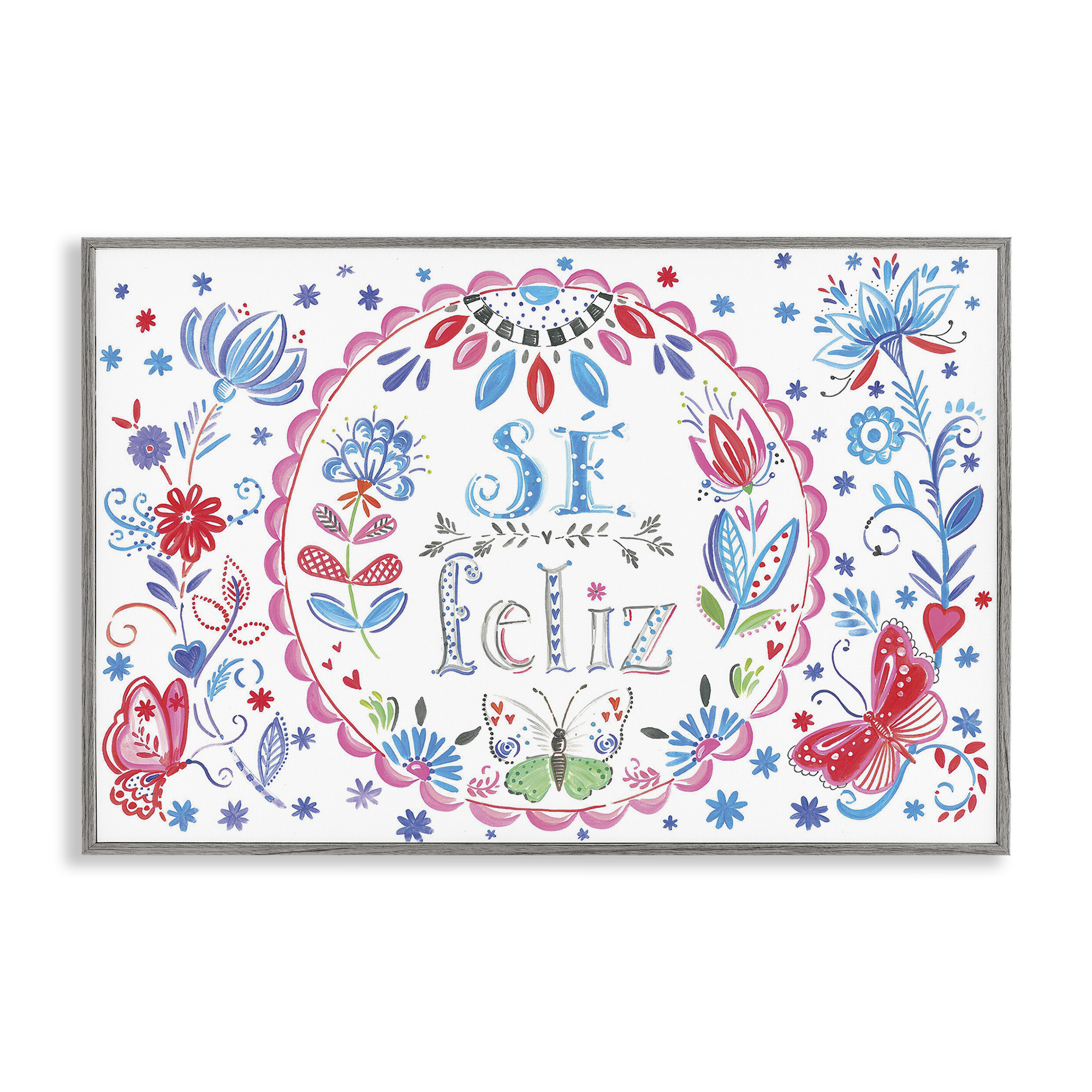 Stupell Industries Se Felices Mariposas Florales Inspirational Quotes & Sayings Drawing Gray Framed Art Print Wall Art, 24 x 16