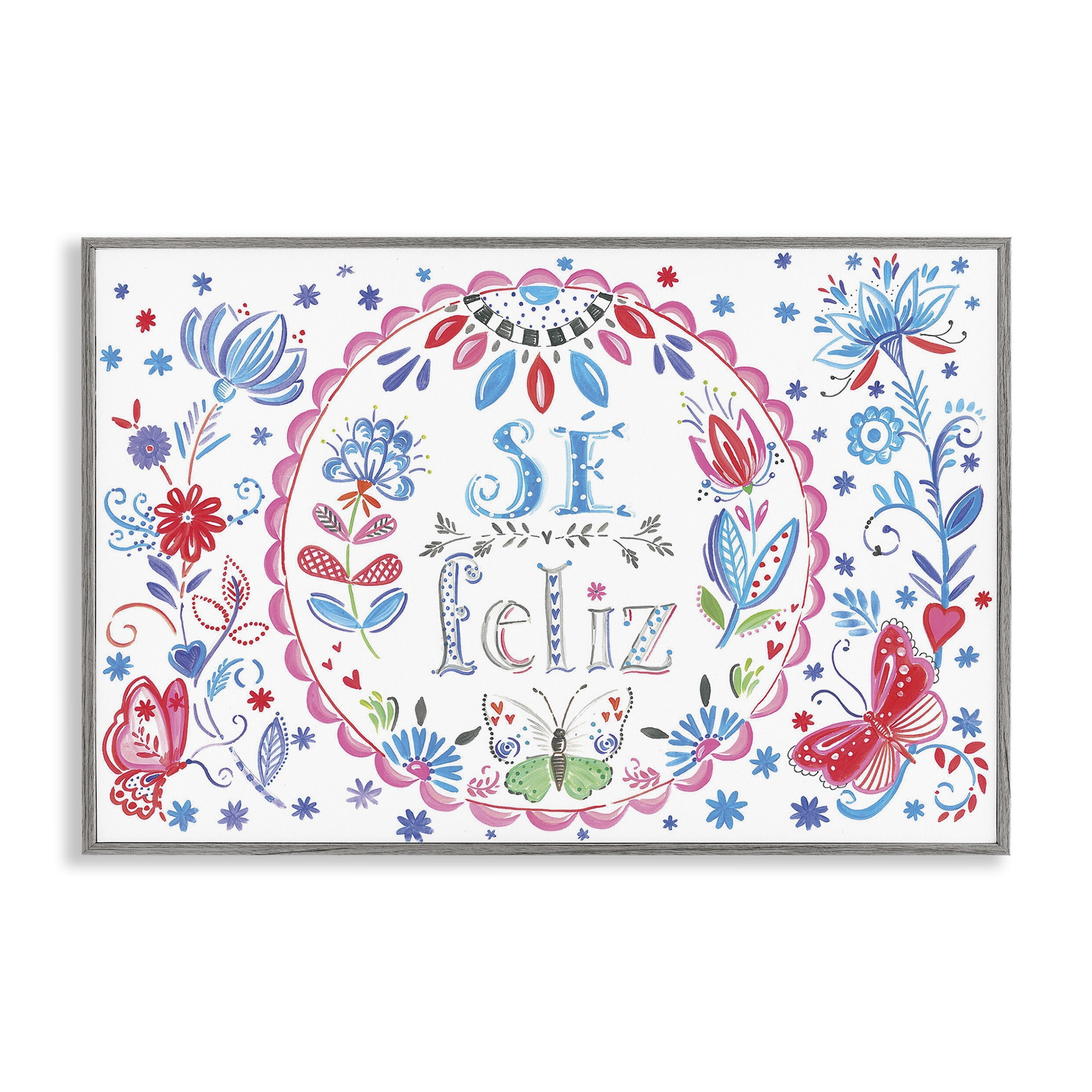 Stupell Industries Se Felices Mariposas Florales Inspirational Quotes & Sayings Drawing Gray Framed Art Print Wall Art, 30 x 20