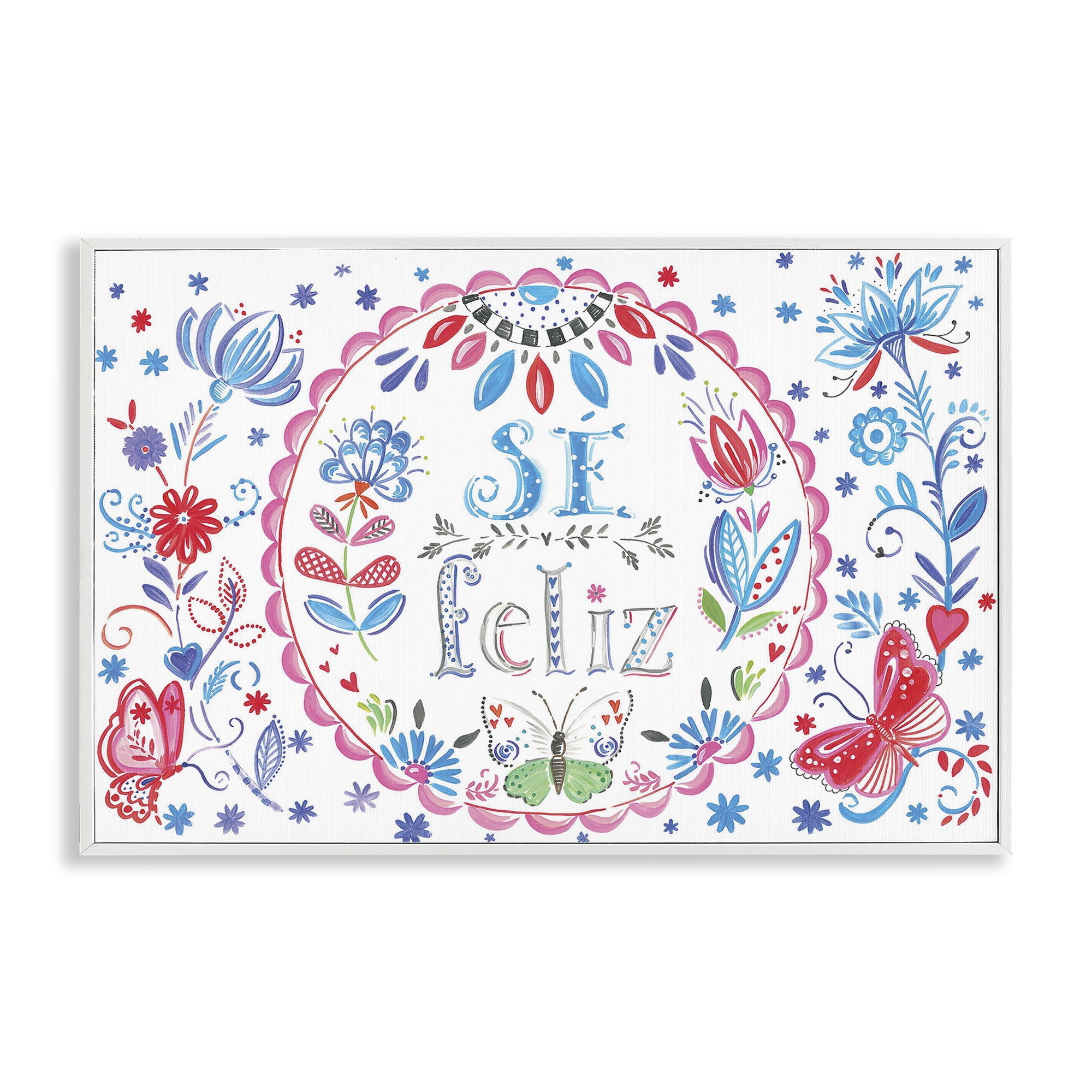 Stupell Industries Se Felices Mariposas Florales Inspirational Quotes & Sayings Drawing White Framed Art Print Wall Art, 24 x 16