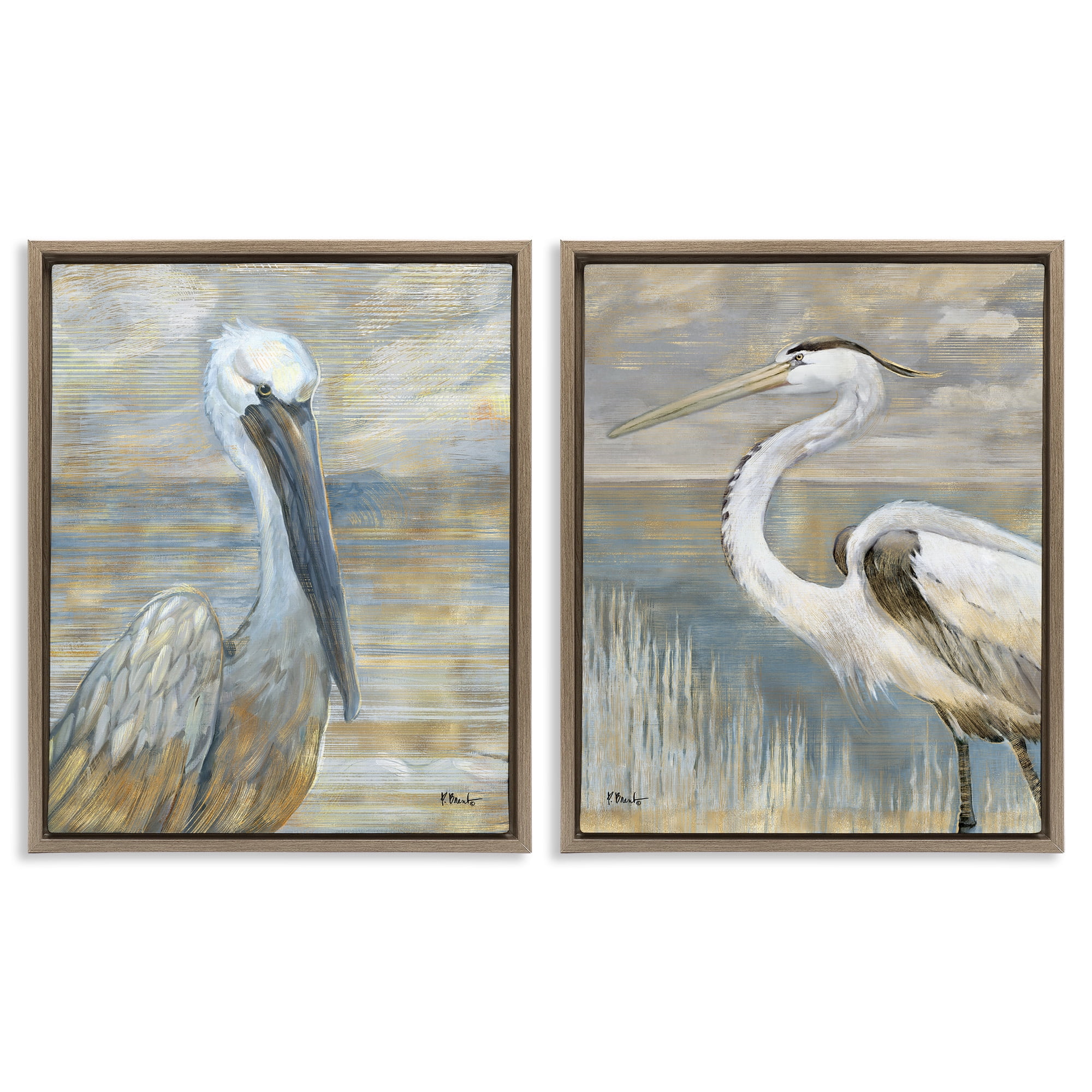 Stupell Industries Sea Birds Abstract Beach Animals & Insects Painting Brown Floater Framed Canvas Art Print Wall Art, 25 x 31, Set of 2