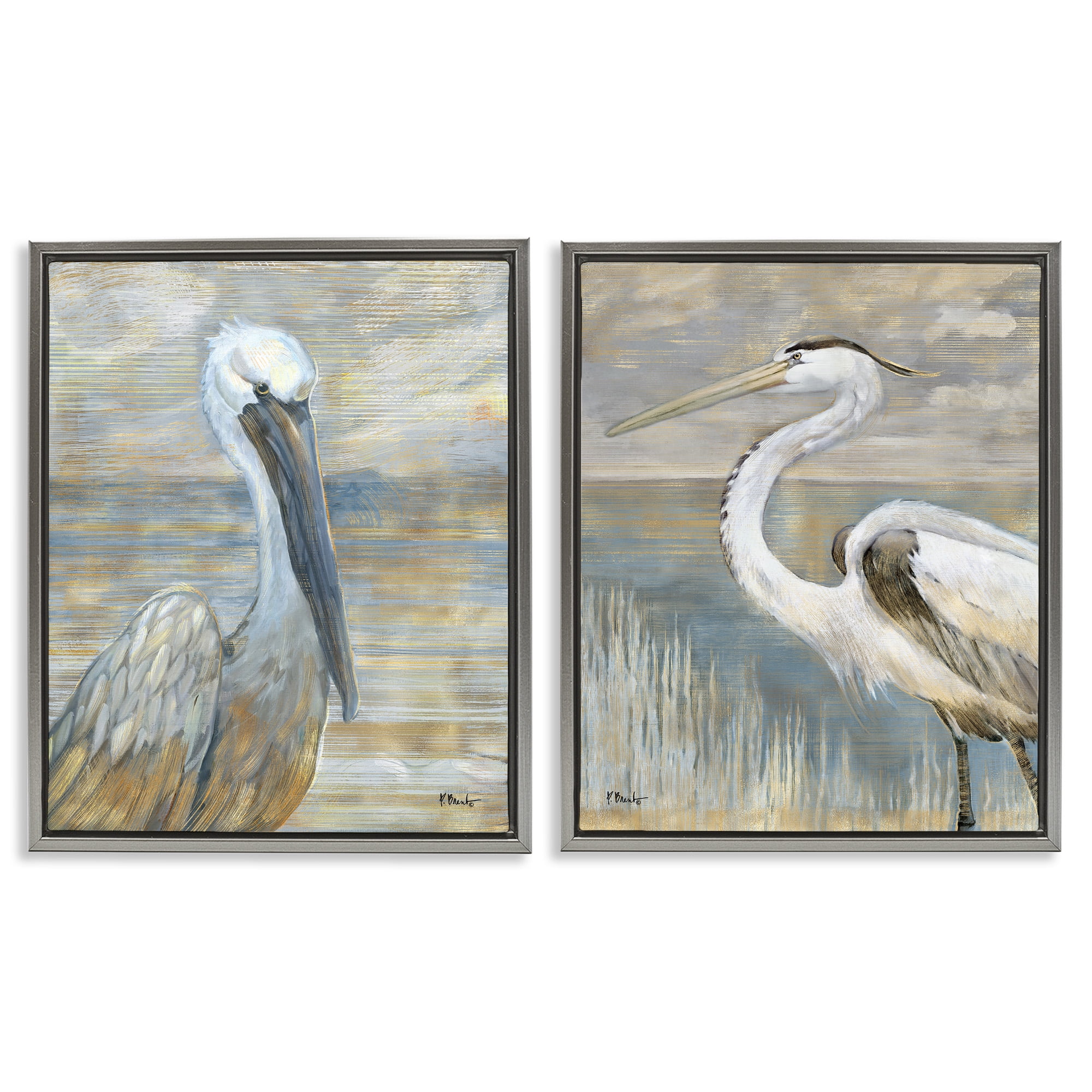 Stupell Industries Sea Birds Abstract Beach Animals & Insects Painting Gray Floater Framed Canvas Art Print Wall Art, 25 x 31, Set of 2