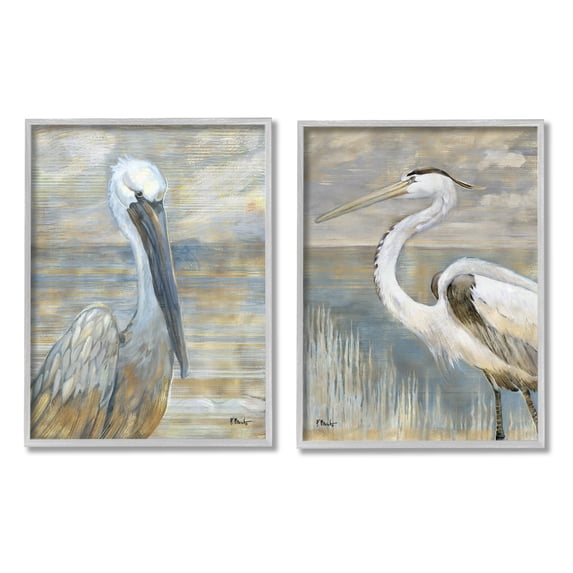 Stupell Industries Sea Birds Abstract Beach Painting Gray Framed Art Print Wall Art, Set of 2, Design by Paul Brent