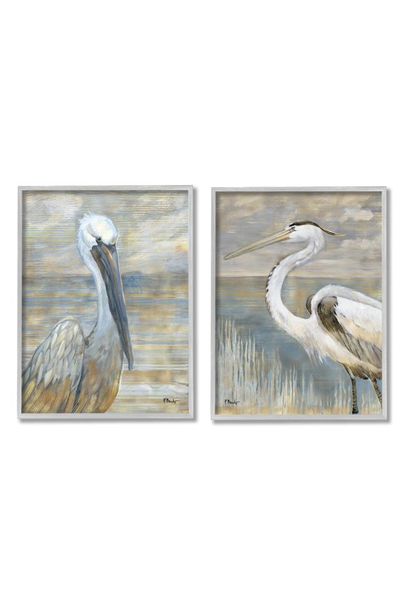 Industries Sea Birds Abstract Beach Painting Gray Framed Art Print Wall Art, Set of 2, Design by Paul Brent