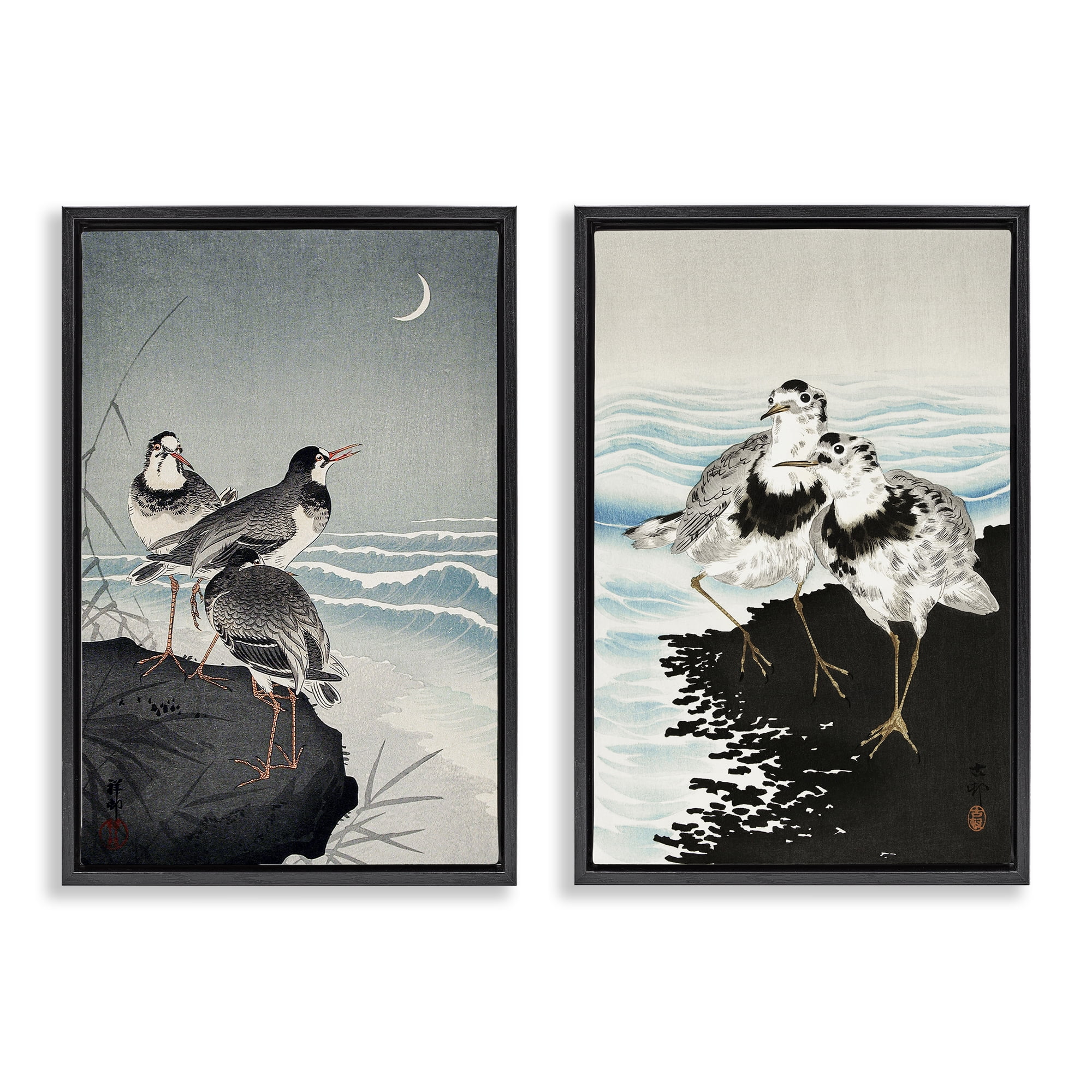 Stupell Industries Sea Birds Under Moon Animals Painting Black Floater Framed Canvas Art Print Wall Art, 17 x 25, Set of 2