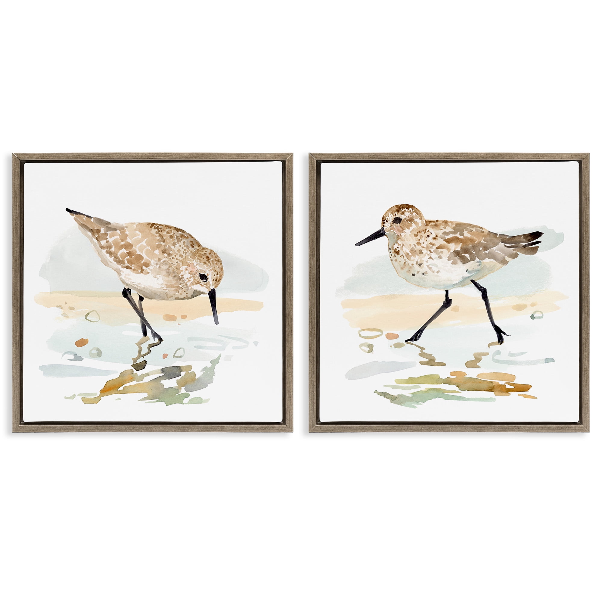 Stupell Industries Sea Birds on Shore Animals & Insects Painting Brown Floater Framed Canvas Art Print Wall Art, 18 x 18, Set of 2