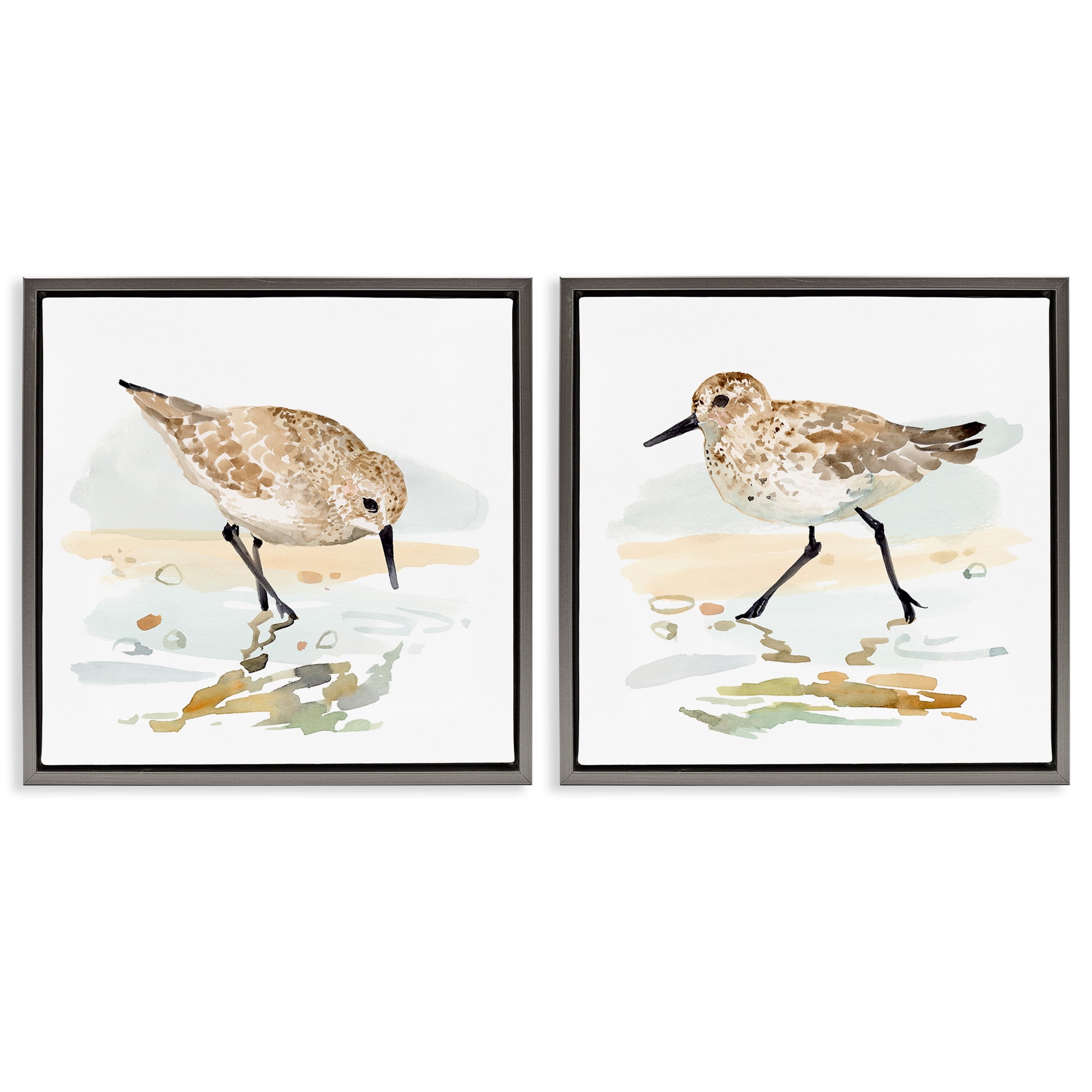 Stupell Industries Sea Birds on Shore Animals & Insects Painting Gray Floater Framed Canvas Art Print Wall Art, 18 x 18, Set of 2