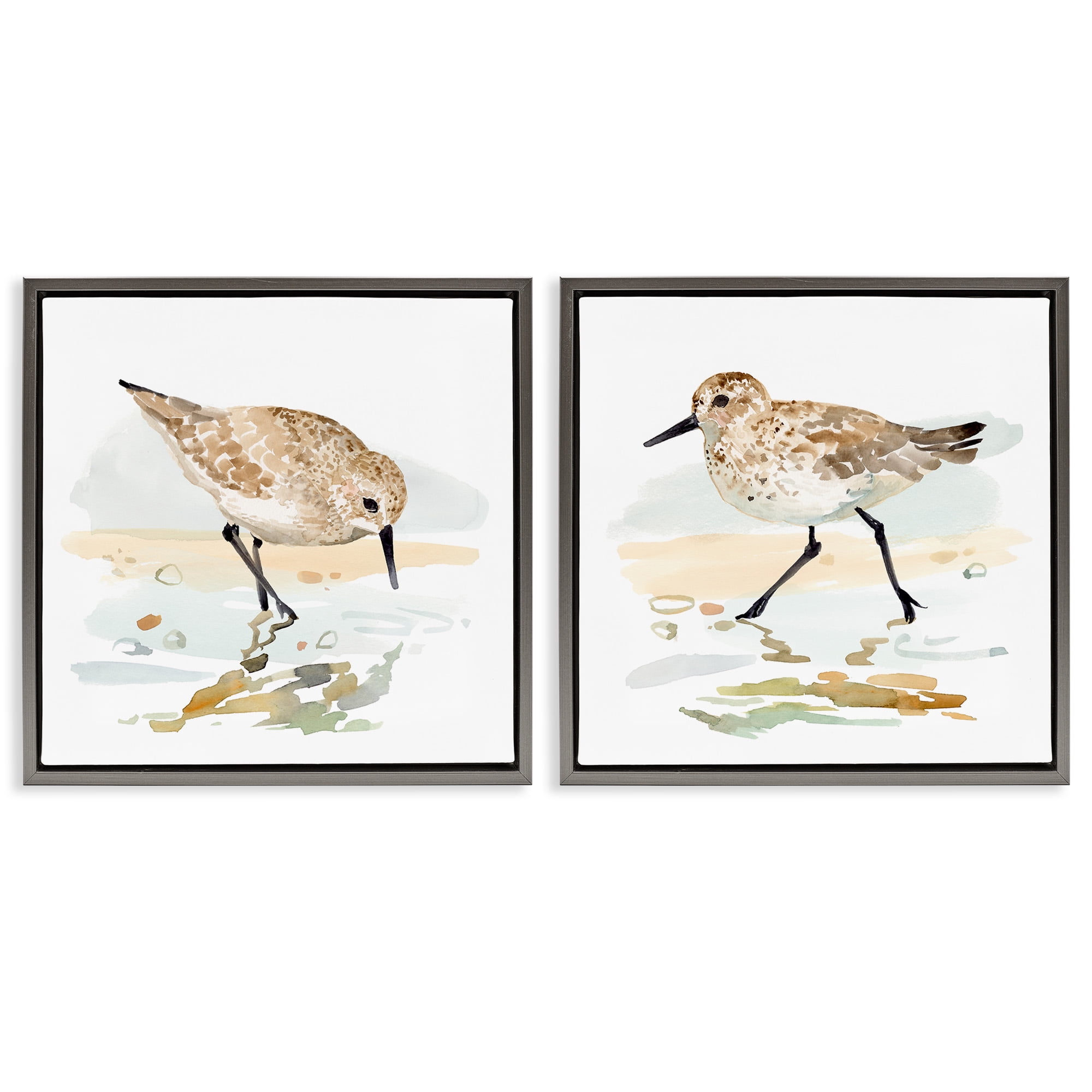 Stupell Industries Sea Birds on Shore Animals & Insects Painting Gray Floater Framed Canvas Art Print Wall Art, 25 x 25, Set of 2
