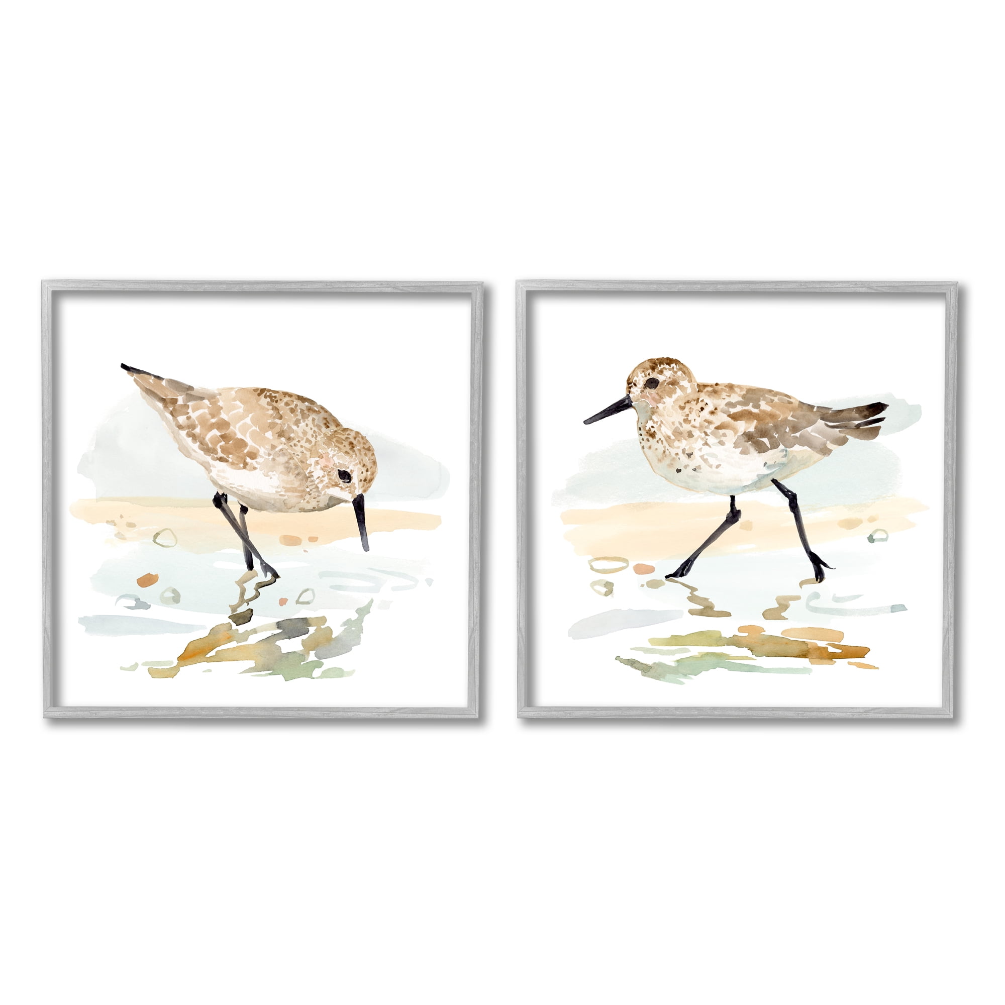 Stupell Industries Sea Birds on Shore Animals & Insects Painting Gray Framed Art Print Wall Art, 17 x 17