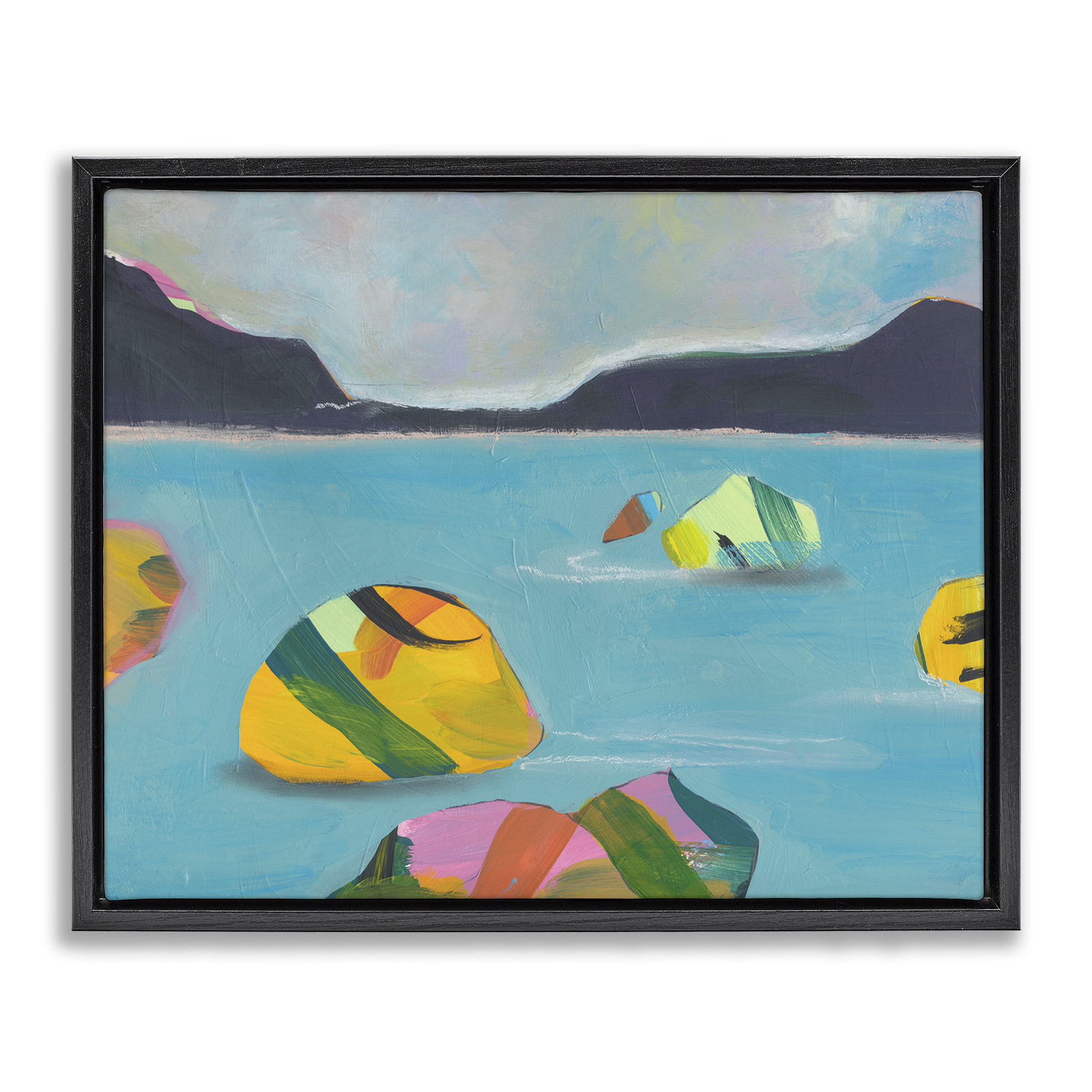 Stupell Industries Sea Buoys Floating Landscape & Nature Painting Black Floater Framed Canvas Art Print Wall Art, 31 x 25