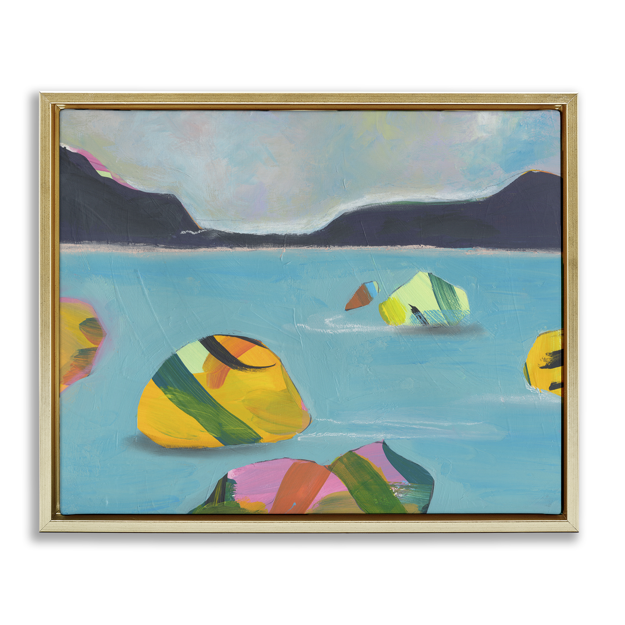 Stupell Industries Sea Buoys Floating Landscape & Nature Painting Gold Floater Framed Canvas Art Print Wall Art, 21 x 17