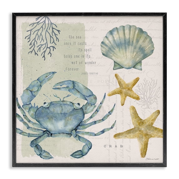 Stupell Industries Coastal Sea Casts Its Spell Quote Blue Crab Seashells Black Framed Giclee Art, 12 x 12, by Stephanie Workman Marrott