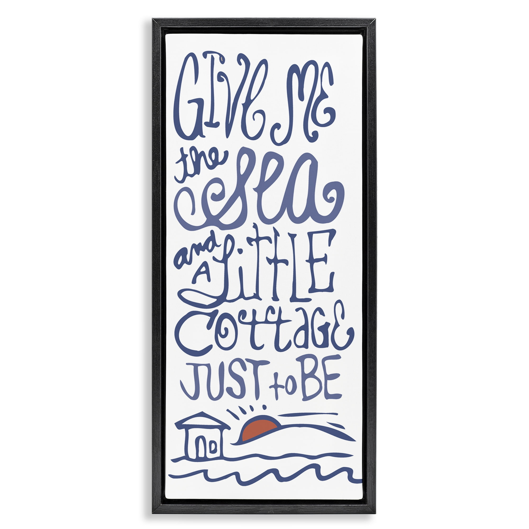 Stupell Industries Sea & Cottage Beach Life Calligraphy Nature Painting Black Floater Framed Canvas Art Print Wall Art, 15 x 31
