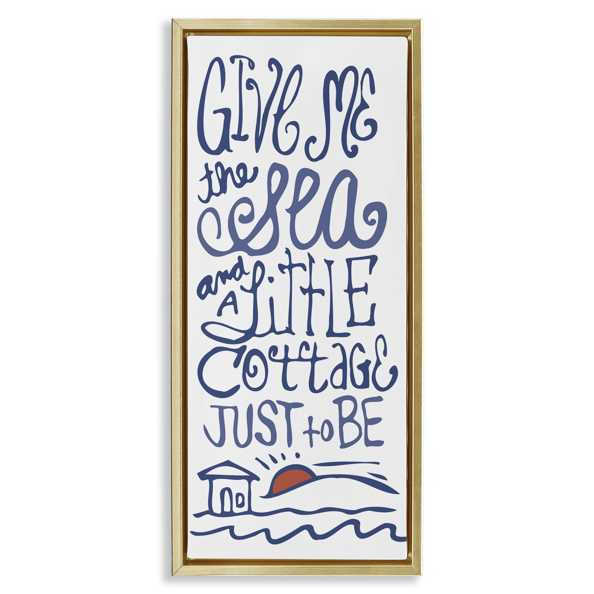 Stupell Industries Sea & Cottage Beach Life Calligraphy Nature Painting Gold Floater Framed Canvas Art Print Wall Art, 15 x 31