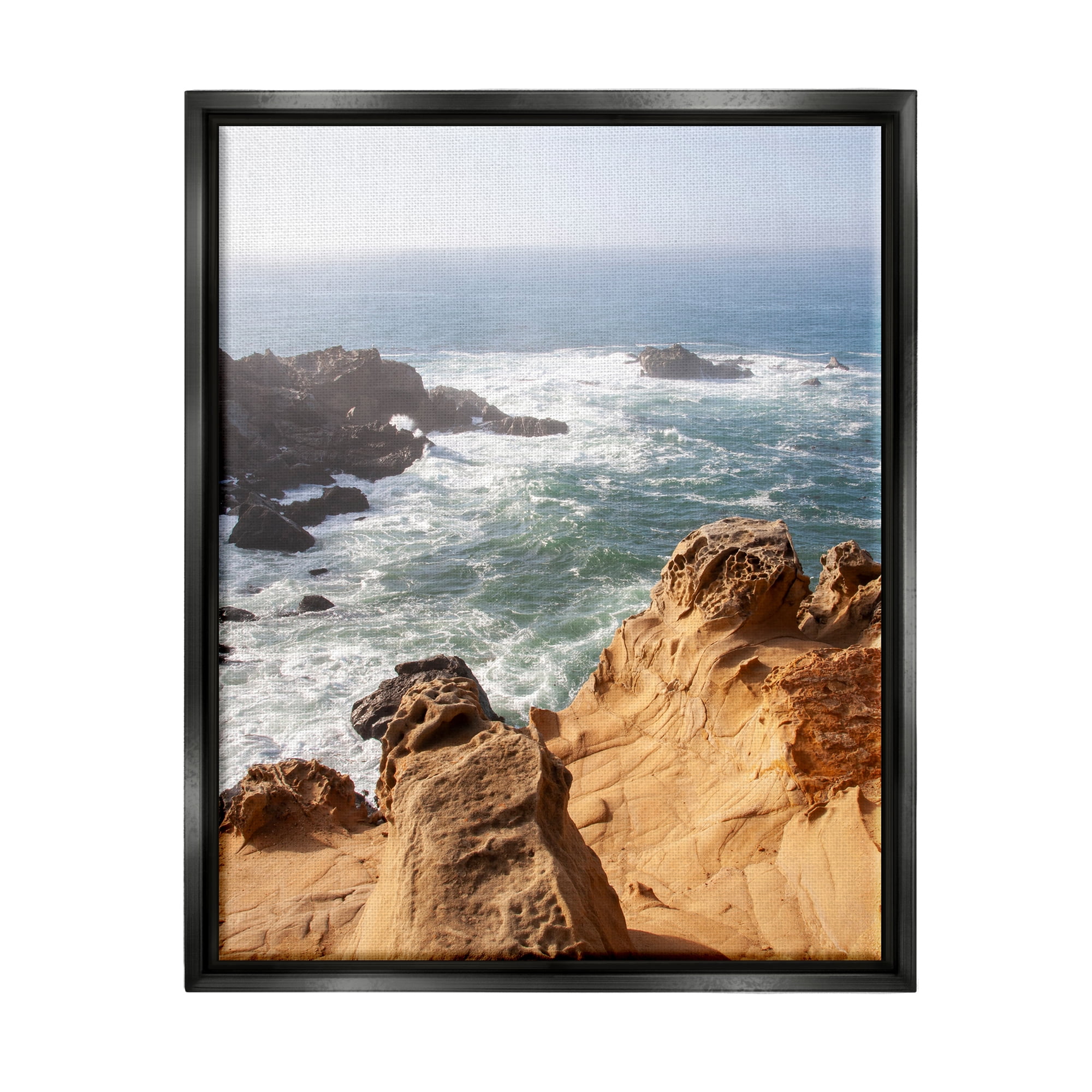 Stupell Industries Sea Cove Splashing Waves Landscape Photography Black Floater Framed Canvas Art Print Wall Art, 25 x 31