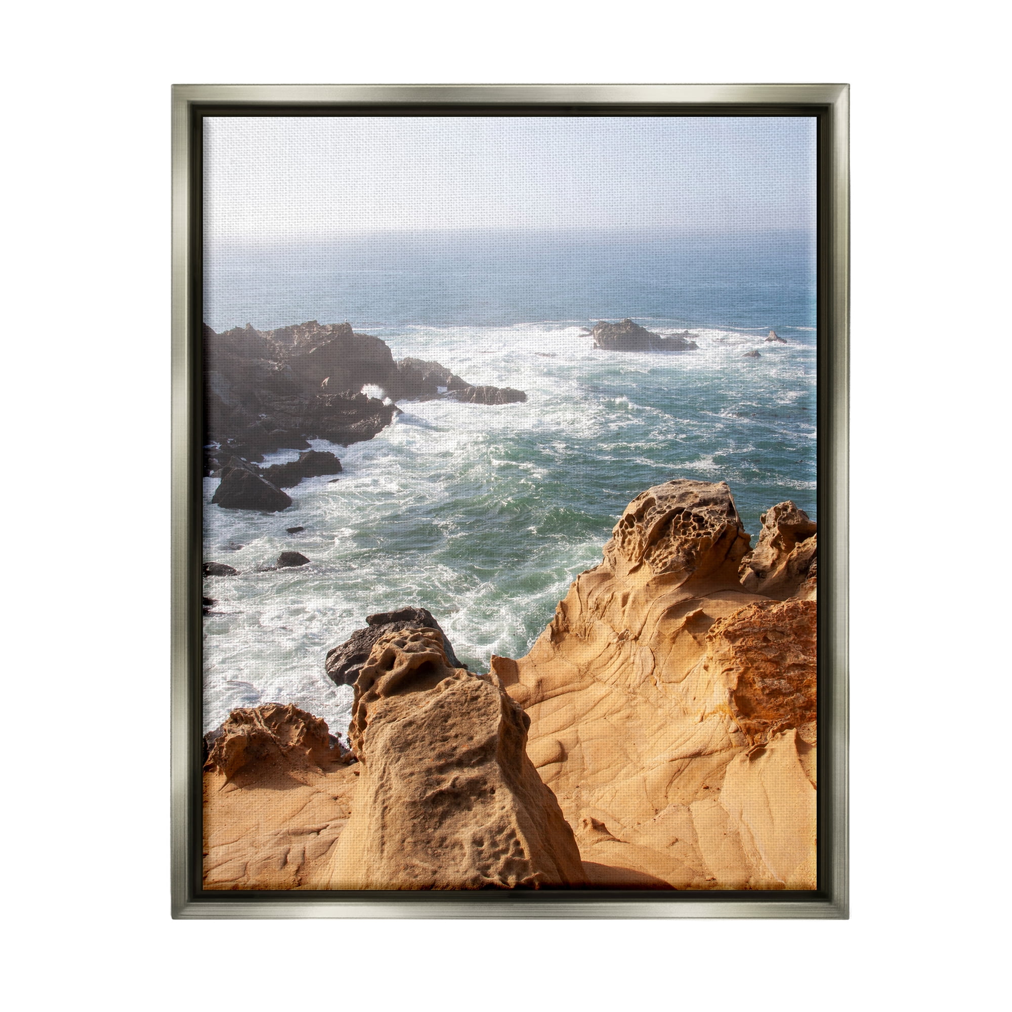 Stupell Industries Sea Cove Splashing Waves Landscape Photography Gray Floater Framed Canvas Art Print Wall Art, 17 x 21