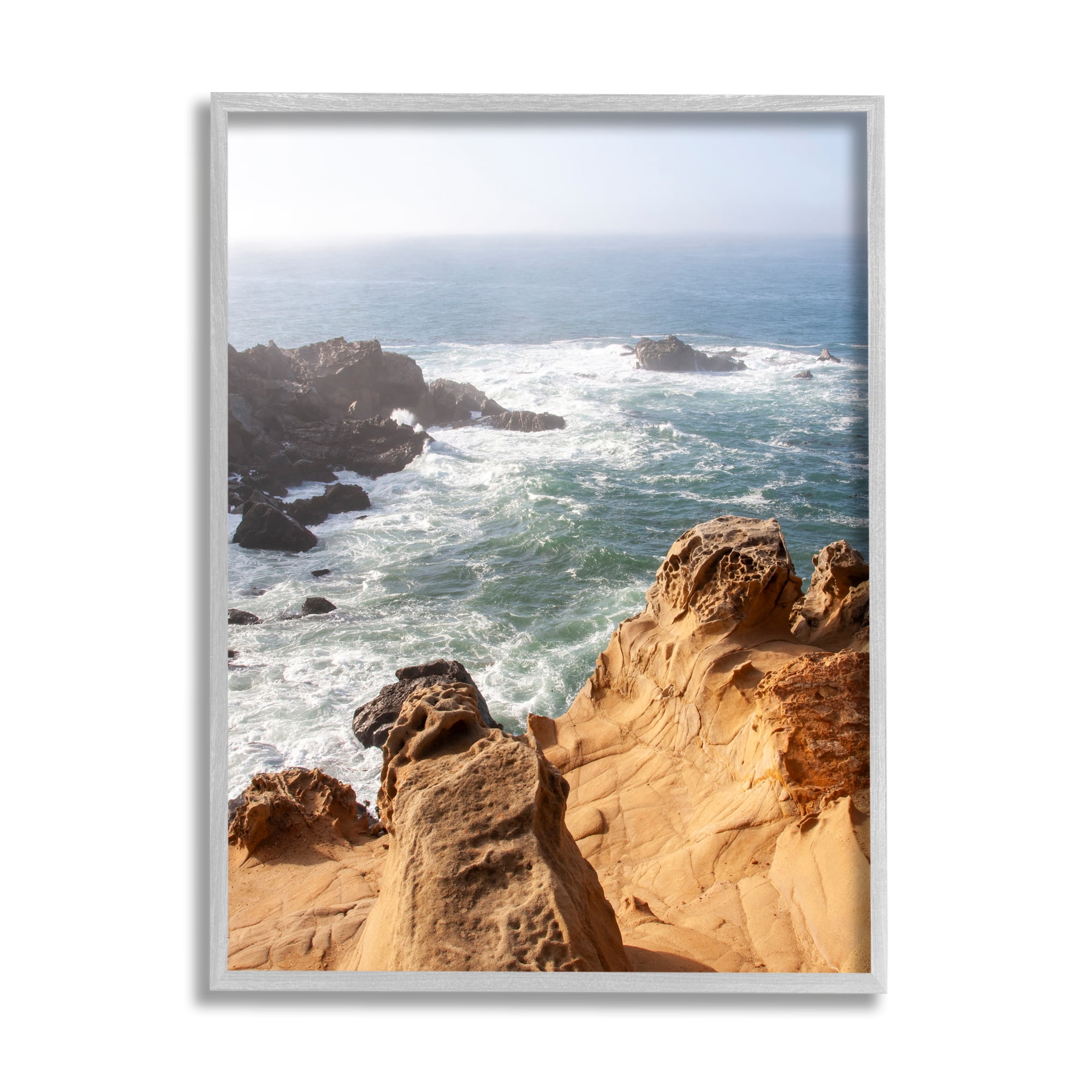 Stupell Industries Sea Cove Splashing Waves Landscape Photography Gray Framed Art Print Wall Art, 24 x 30