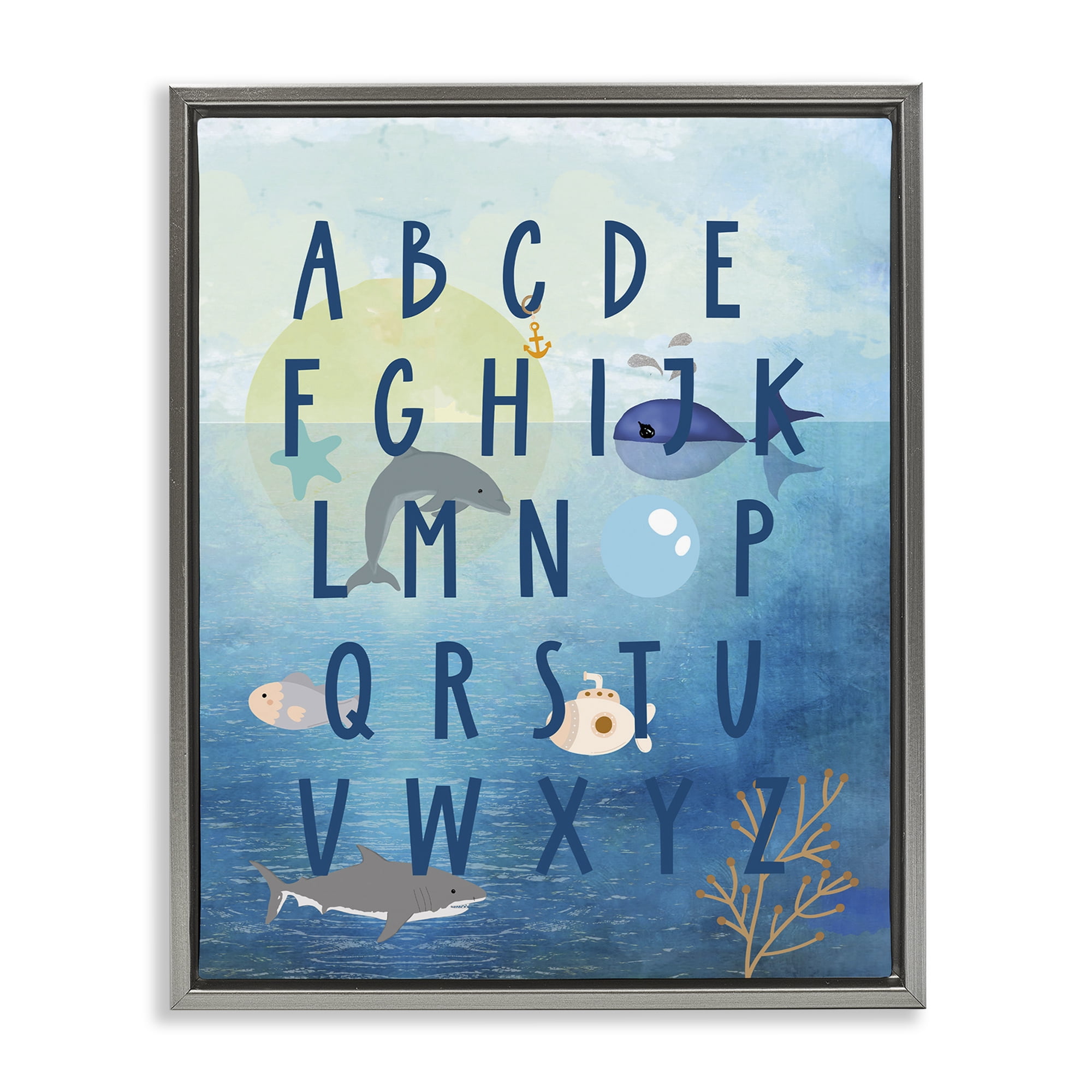 Stupell Industries Sea Creatures Alphabet Animals & Insects Painting Gray Floater Framed Art Print Wall Art, 25 x 31