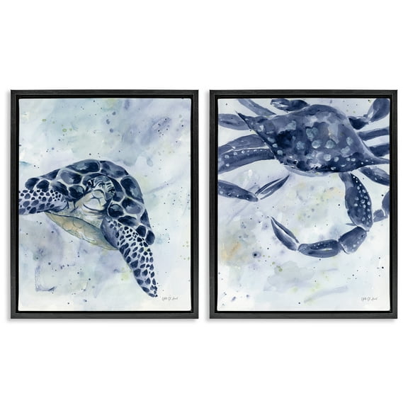 Stupell Industries Sea Creatures Turtle & Crab Nautical & Beach Painting Black Floater Framed Canvas Art Print Wall Art, 17 x 21, Set of 2