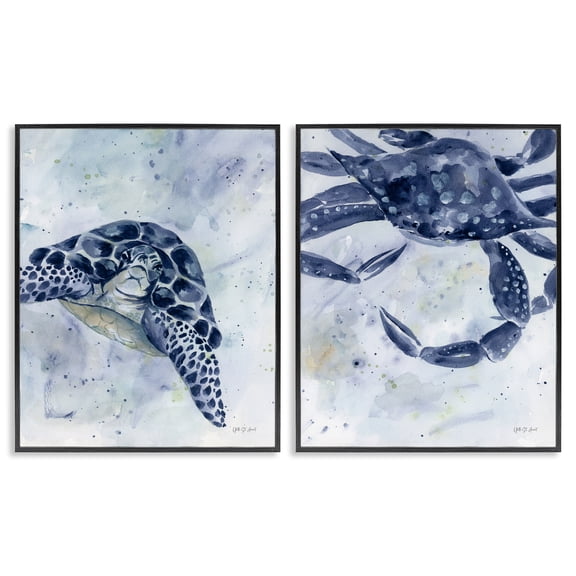 Stupell Industries Sea Creatures Turtle & Crab Nautical & Beach Painting Black Framed Art Print Wall Art, 16 x 20, Set of 2