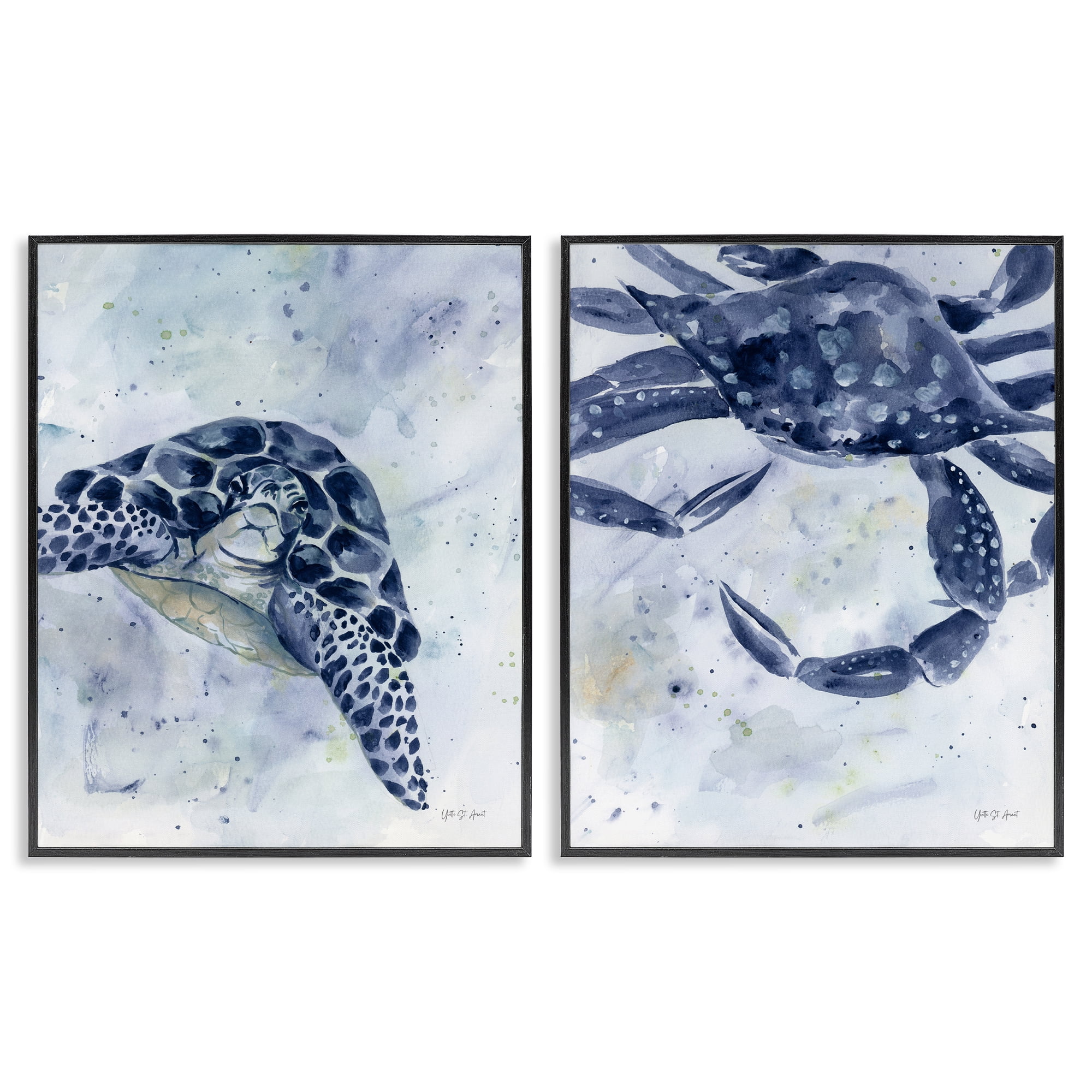 Stupell Industries Sea Creatures Turtle & Crab Nautical & Beach Painting Black Framed Art Print Wall Art, 24 x 30, Set of 2