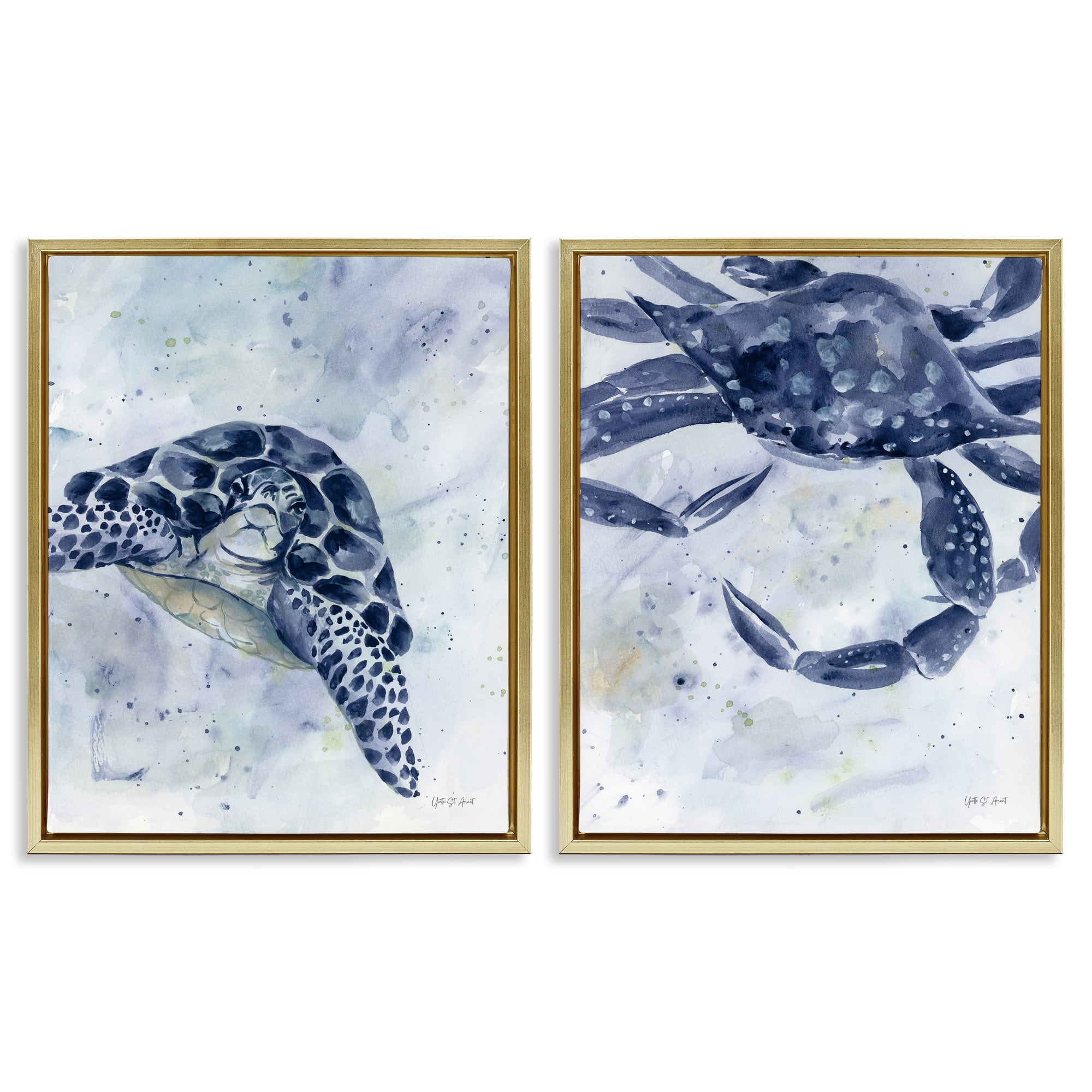 Stupell Industries Sea Creatures Turtle & Crab Nautical & Beach Painting Gold Floater Framed Canvas Art Print Wall Art, 17 x 21, Set of 2