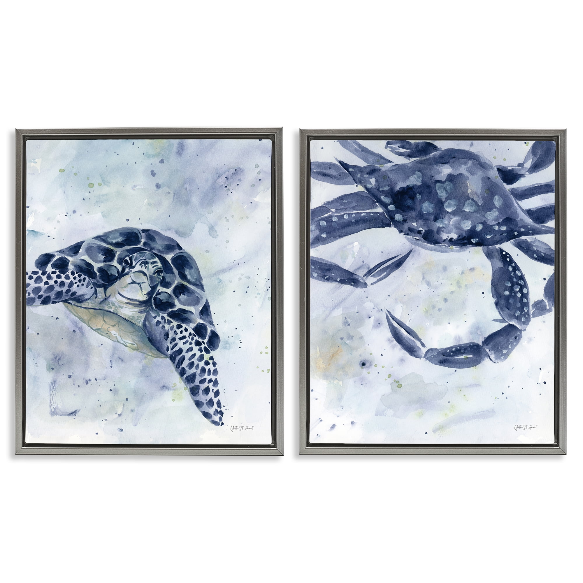 Stupell Industries Sea Creatures Turtle & Crab Nautical & Beach Painting Gray Floater Framed Canvas Art Print Wall Art, 17 x 21, Set of 2