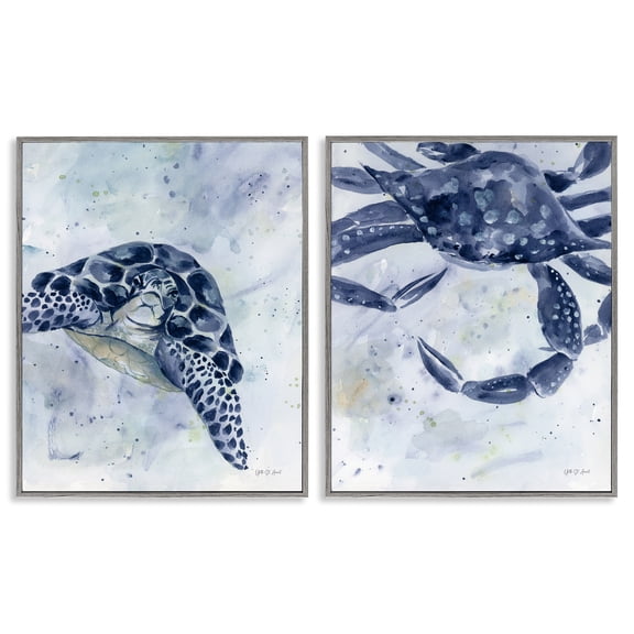 Stupell Industries Sea Creatures Turtle & Crab Nautical & Beach Painting Gray Framed Art Print Wall Art, 11 x 14, Set of 2