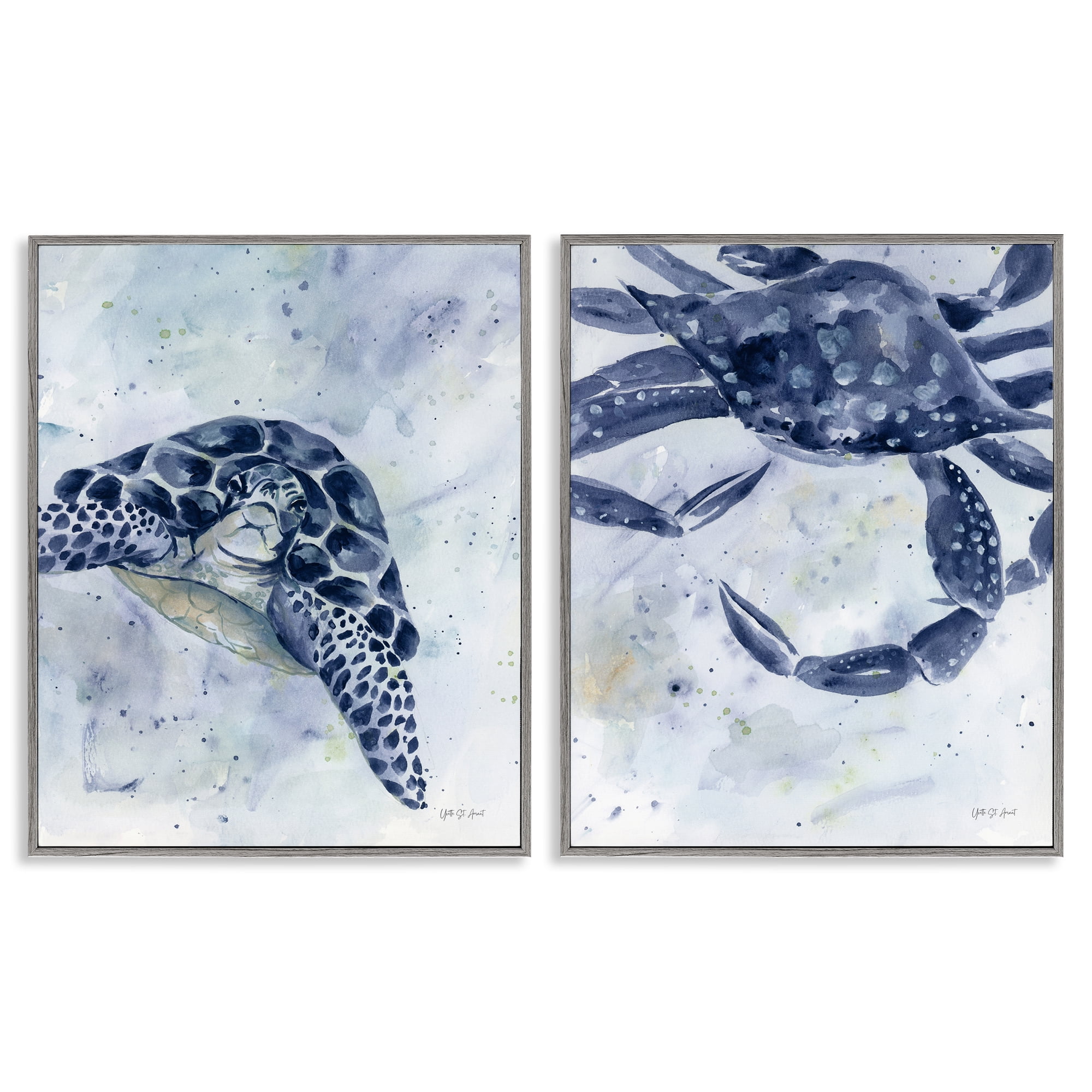 Stupell Industries Sea Creatures Turtle & Crab Nautical & Beach Painting Gray Framed Art Print Wall Art, 24 x 30, Set of 2