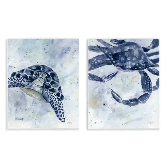 Stupell Industries Sea Creatures Turtle & Crab Nautical & Beach Painting Unframed Art Print Wall Art, 11 x 14, Set of 2