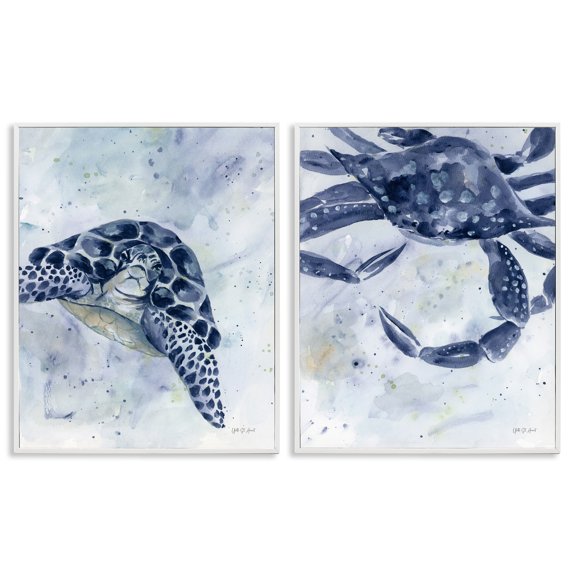 Stupell Industries Sea Creatures Turtle & Crab Nautical & Beach Painting White Framed Art Print Wall Art, 11 x 14, Set of 2