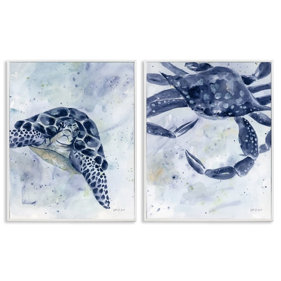 Stupell Industries Sea Creatures Turtle & Crab Nautical & Beach Painting White Framed Art Print Wall Art, 16 x 20, Set of 2