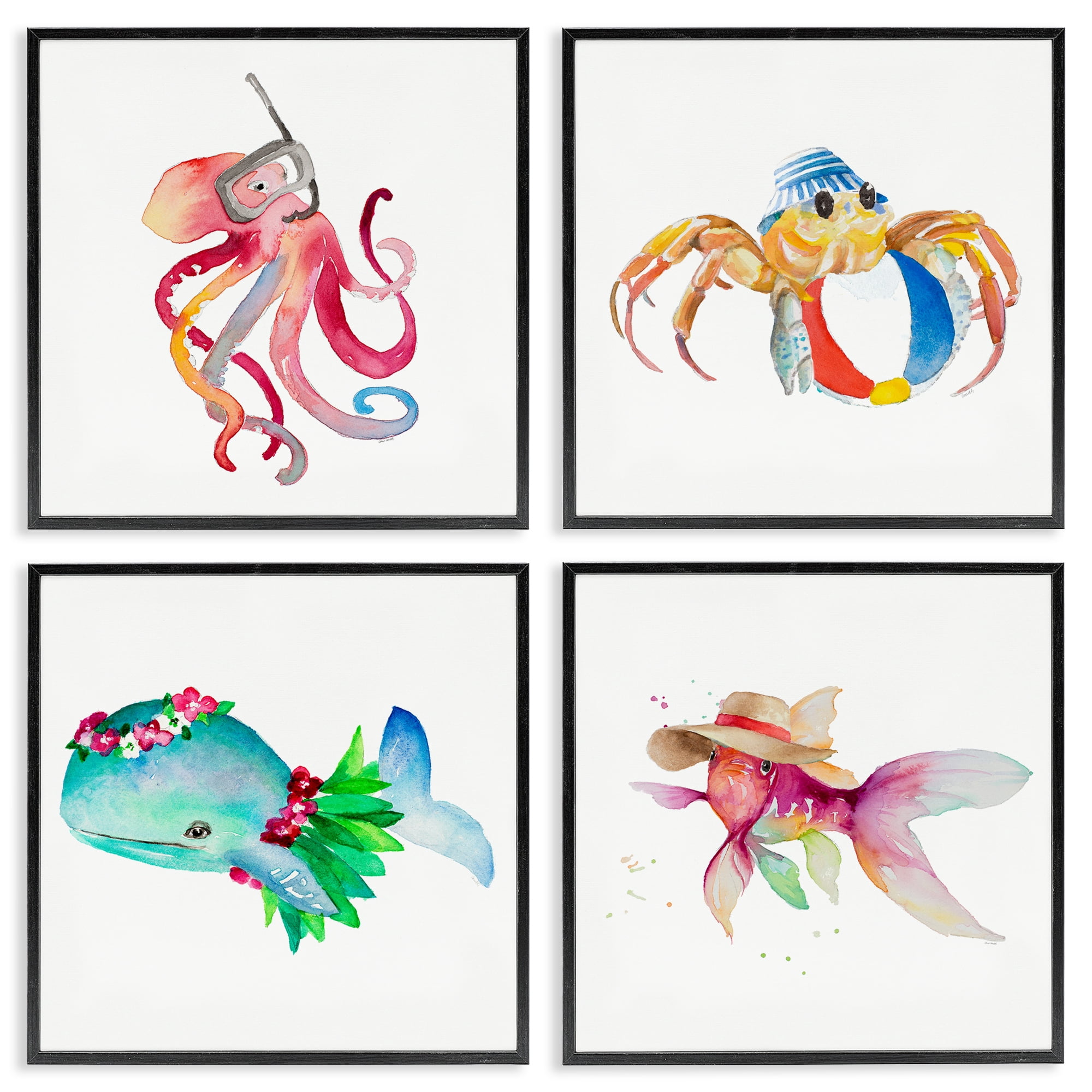 Stupell Industries Sea Creatures at Beach Nautical & Beach Painting Black Framed Art Print Wall Art, 17 x 17, Set of 4