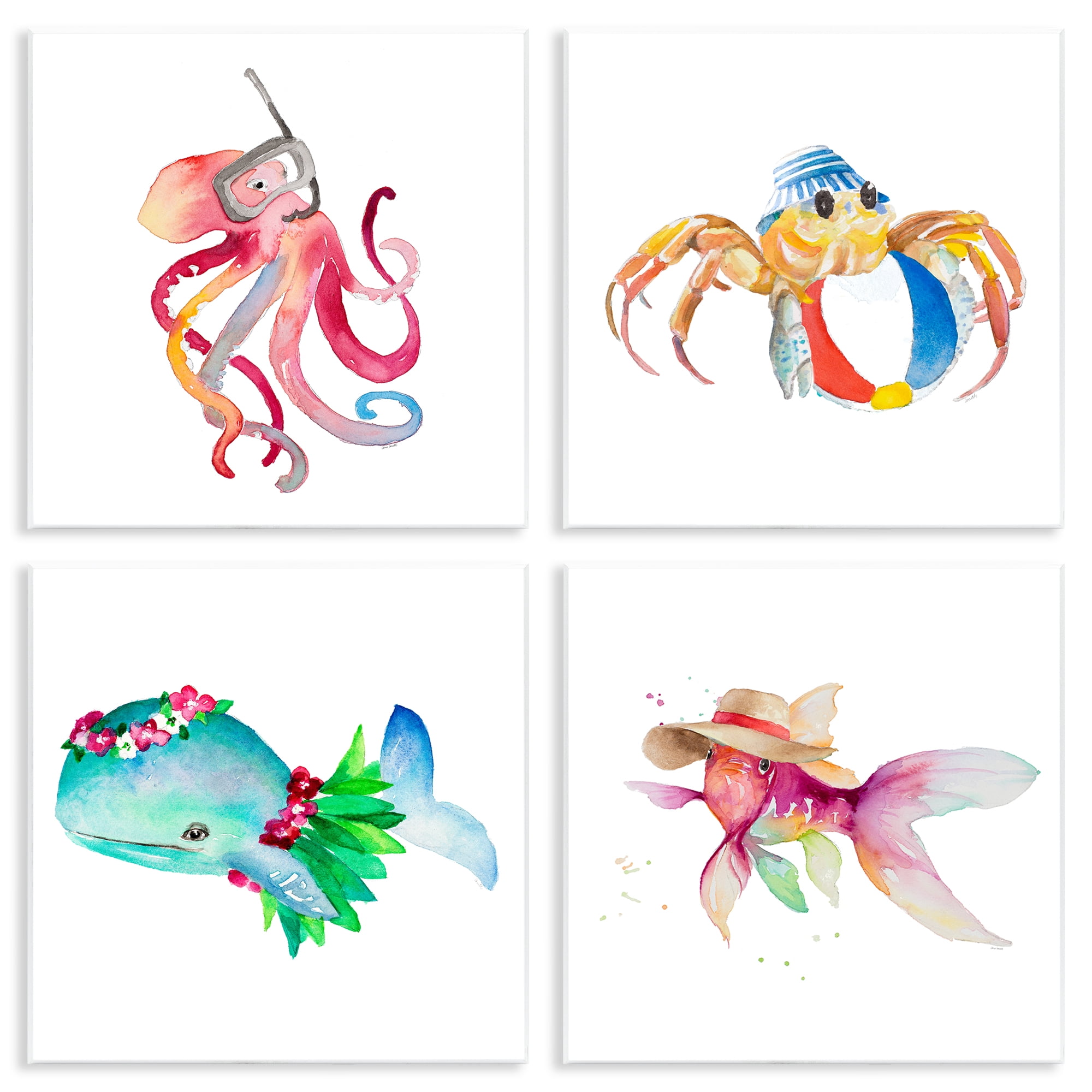 Stupell Industries Sea Creatures at Beach Nautical & Beach Painting Unframed Art Print Wall Art, 12 x 12, Set of 4