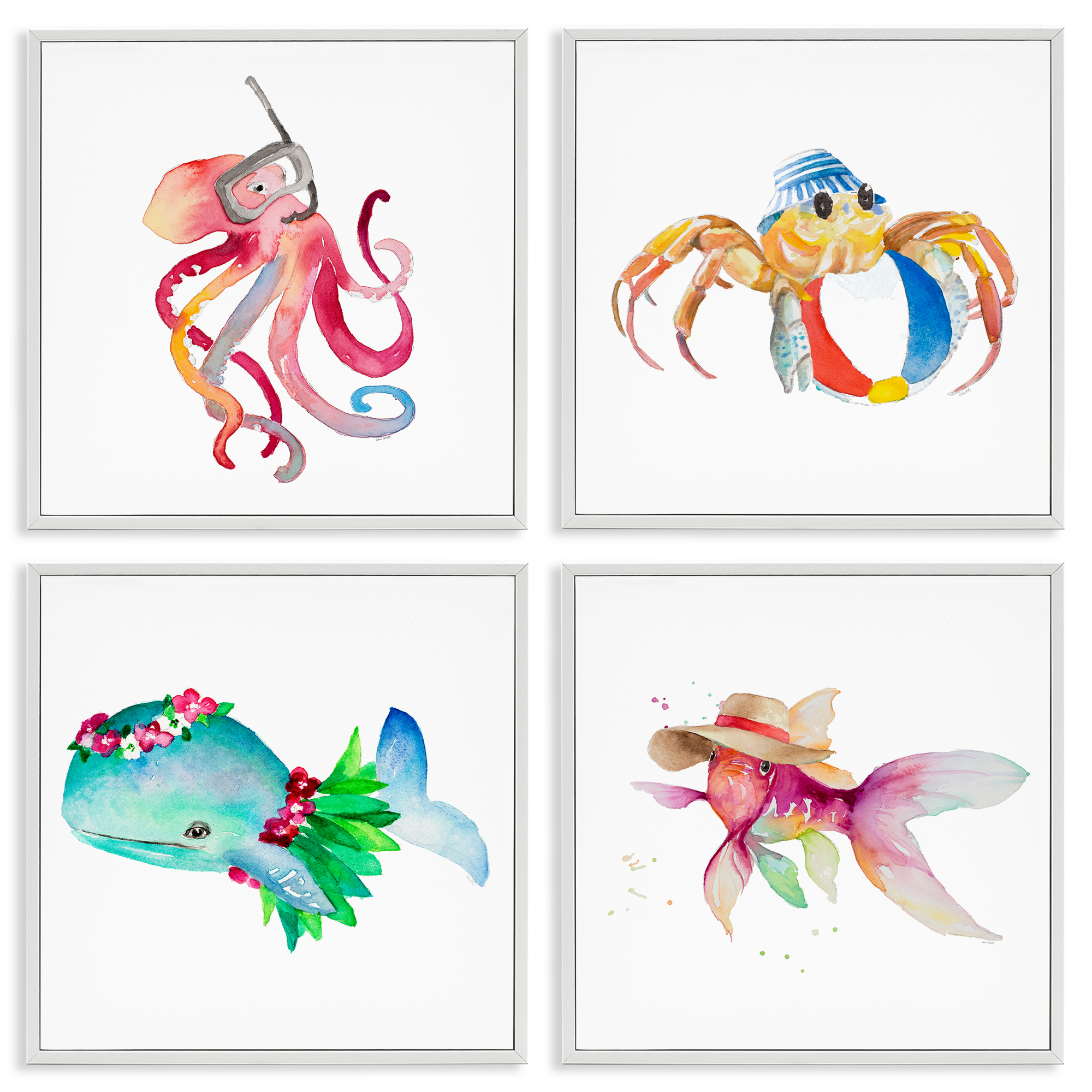Stupell Industries Sea Creatures at Beach Nautical & Beach Painting White Framed Art Print Wall Art, 12 x 12, Set of 4