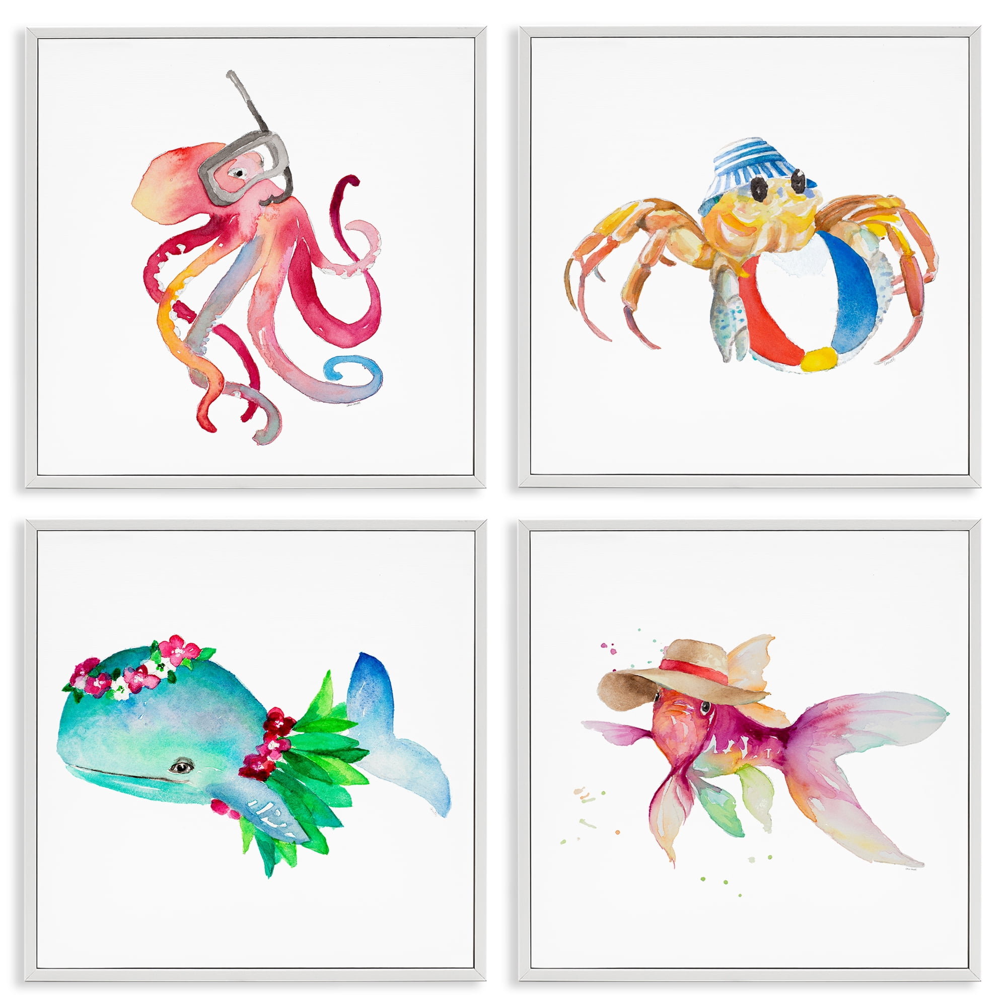Stupell Industries Sea Creatures at Beach Nautical & Beach Painting White Framed Art Print Wall Art, 17 x 17, Set of 4