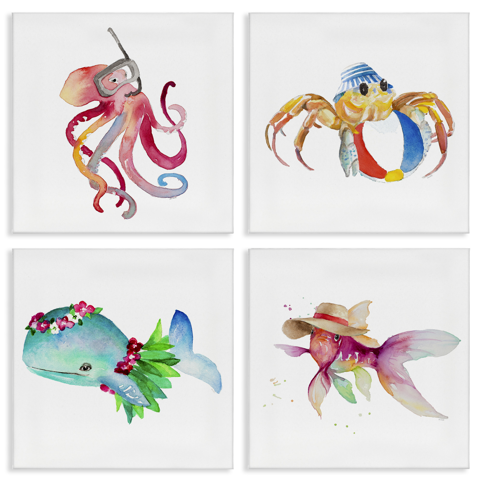 Stupell Industries Sea Creatures at Beach Nautical & Beach Painting Wrapped Canvas Art Print Wall Art, 17 x 17, Set of 4